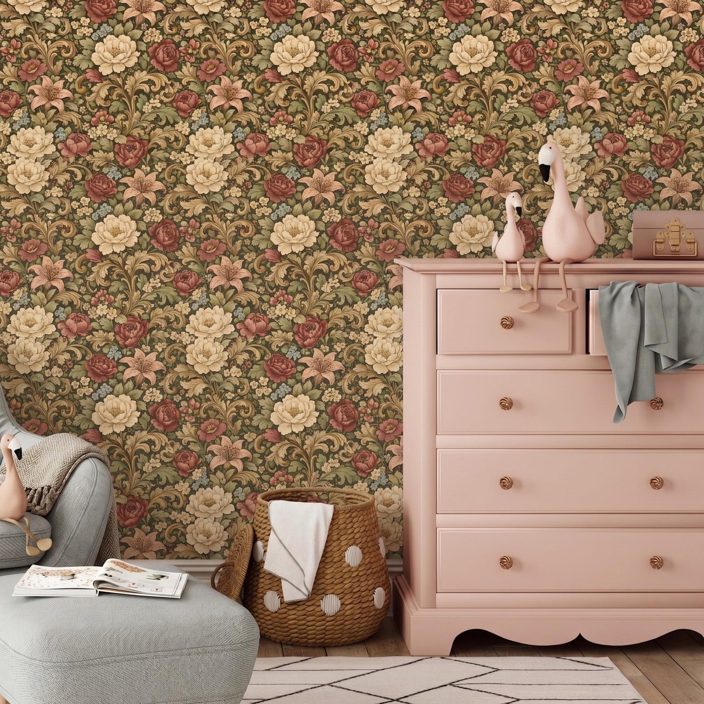 Olive Green Floral Wallpaper, William Morris Style Botanical Wall Decor, Vintage Peel and Stick Wallpaper-WP0069