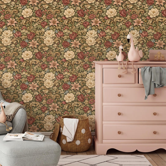 Olive Green Floral Wallpaper, William Morris Style Botanical Wall Decor, Vintage Peel and Stick Wallpaper-WP0069