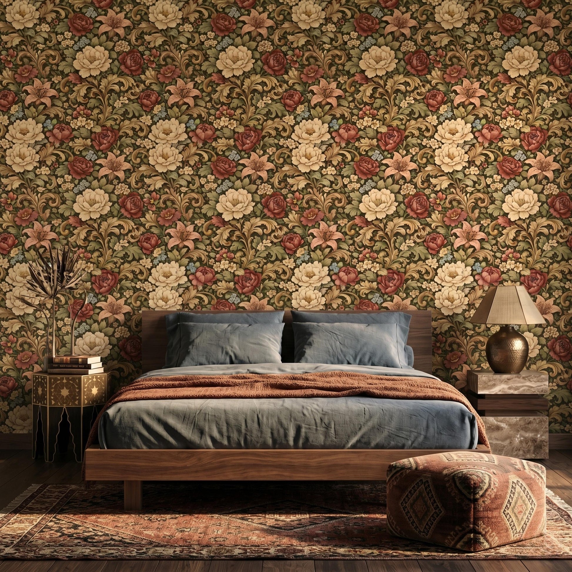 Olive Green Floral Wallpaper, William Morris Style Botanical Wall Decor, Vintage Peel and Stick Wallpaper-WP0069