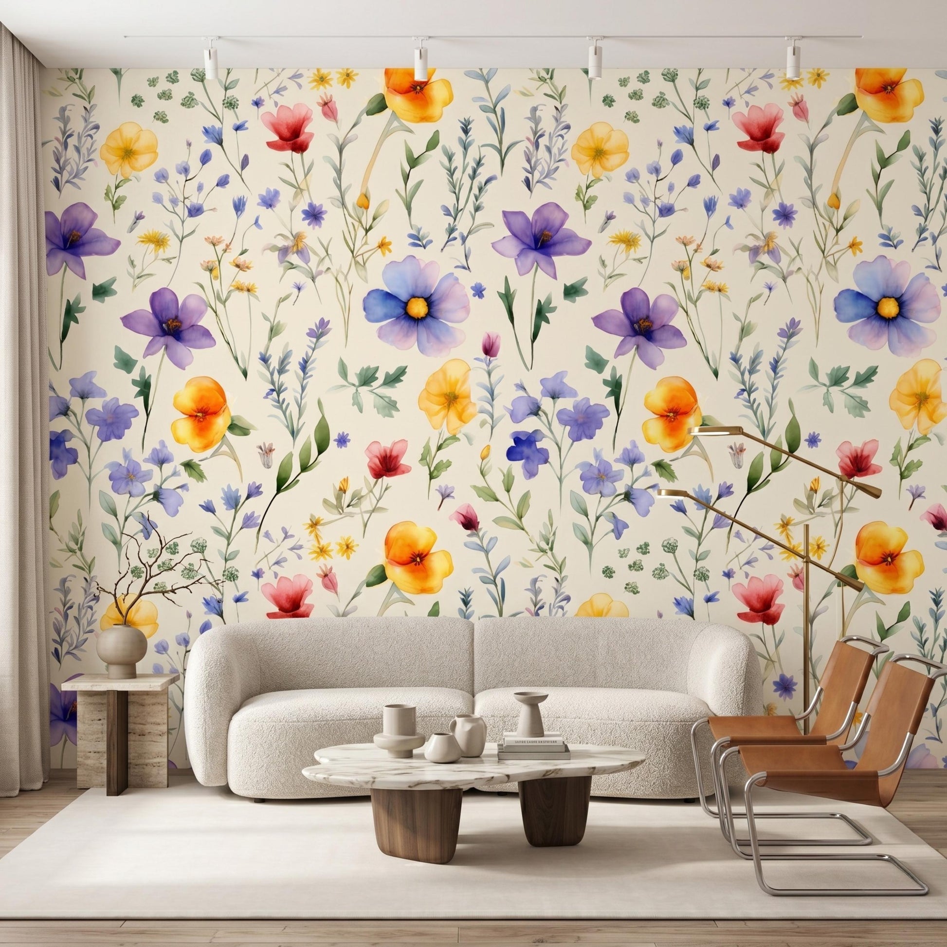 Cream Watercolor Wildflower Nursery Wallpaper, Whimsical Floral Baby Girl Room Decor, Pastel Meadow Peel and Stick Wall Mural-WP0110