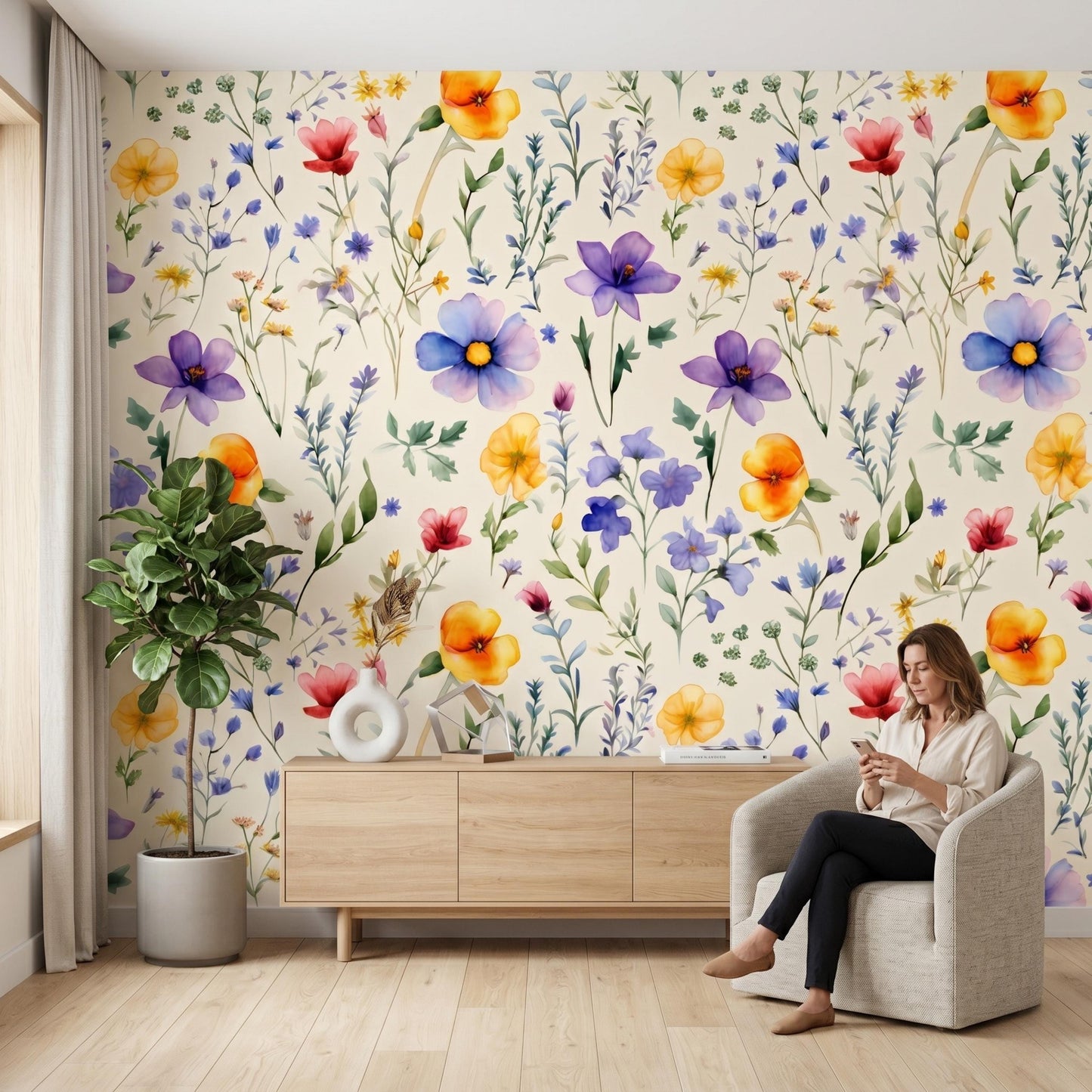 Cream Watercolor Wildflower Nursery Wallpaper, Whimsical Floral Baby Girl Room Decor, Pastel Meadow Peel and Stick Wall Mural-WP0110