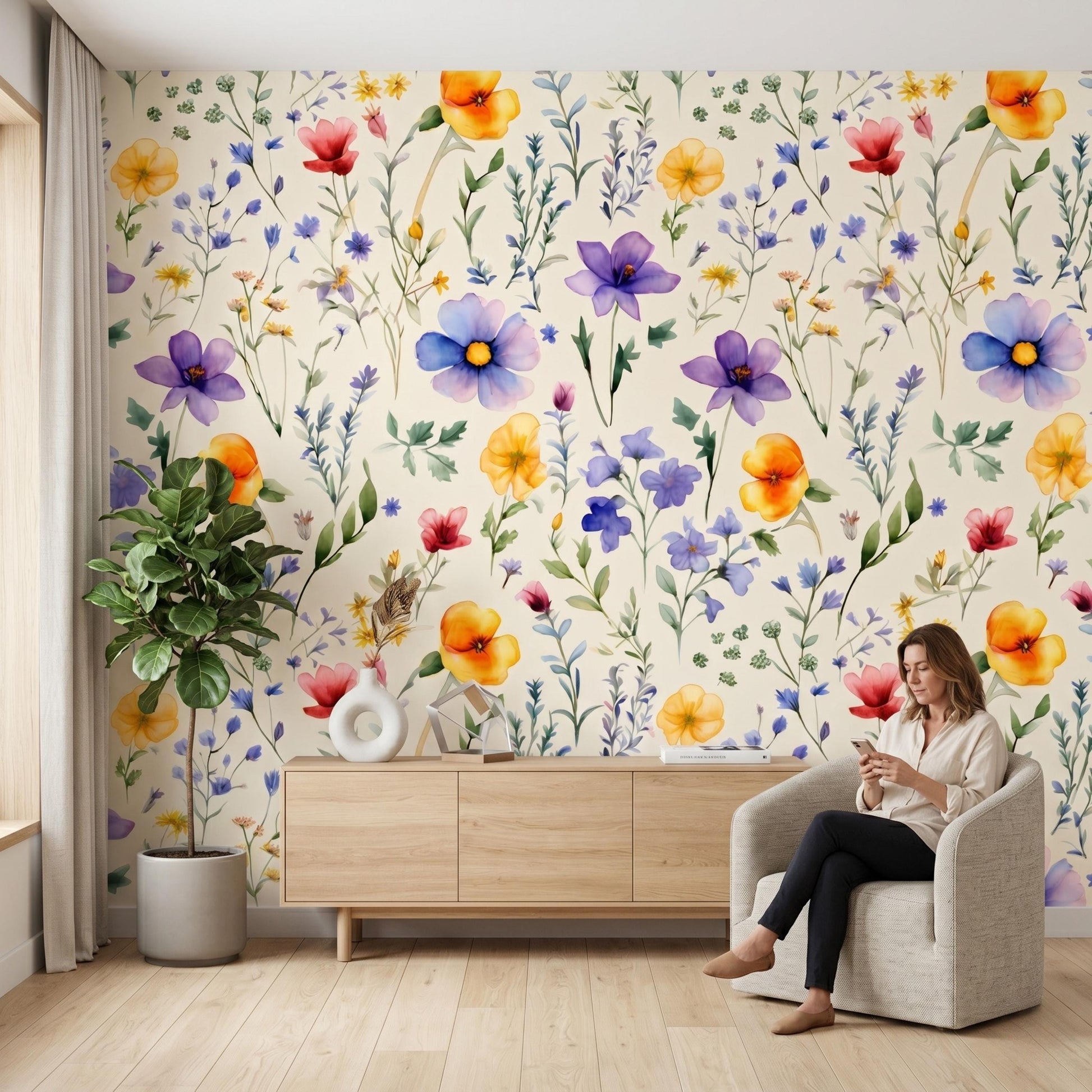 Cream Watercolor Wildflower Nursery Wallpaper, Whimsical Floral Baby Girl Room Decor, Pastel Meadow Peel and Stick Wall Mural-WP0110