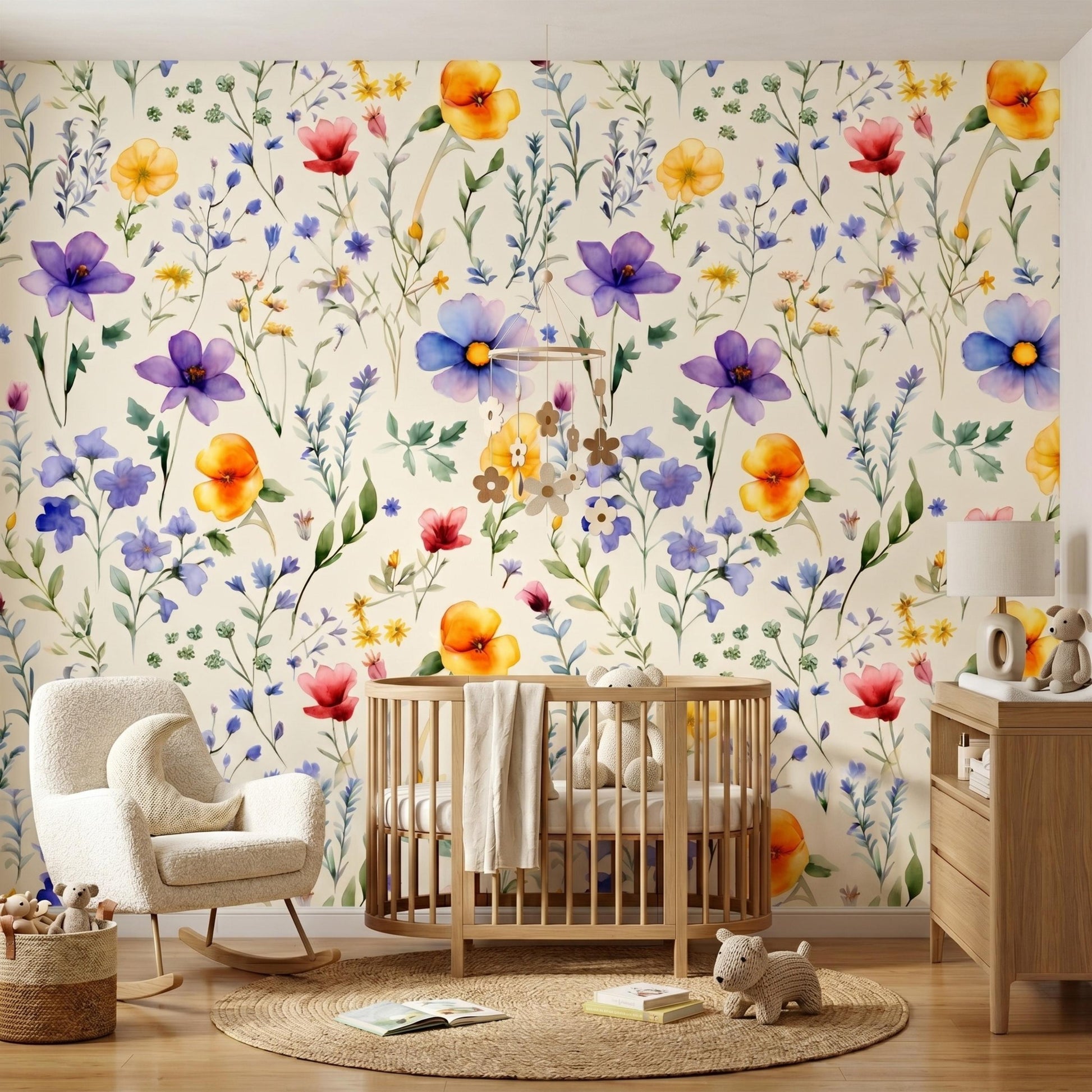 Cream Watercolor Wildflower Nursery Wallpaper, Whimsical Floral Baby Girl Room Decor, Pastel Meadow Peel and Stick Wall Mural-WP0110