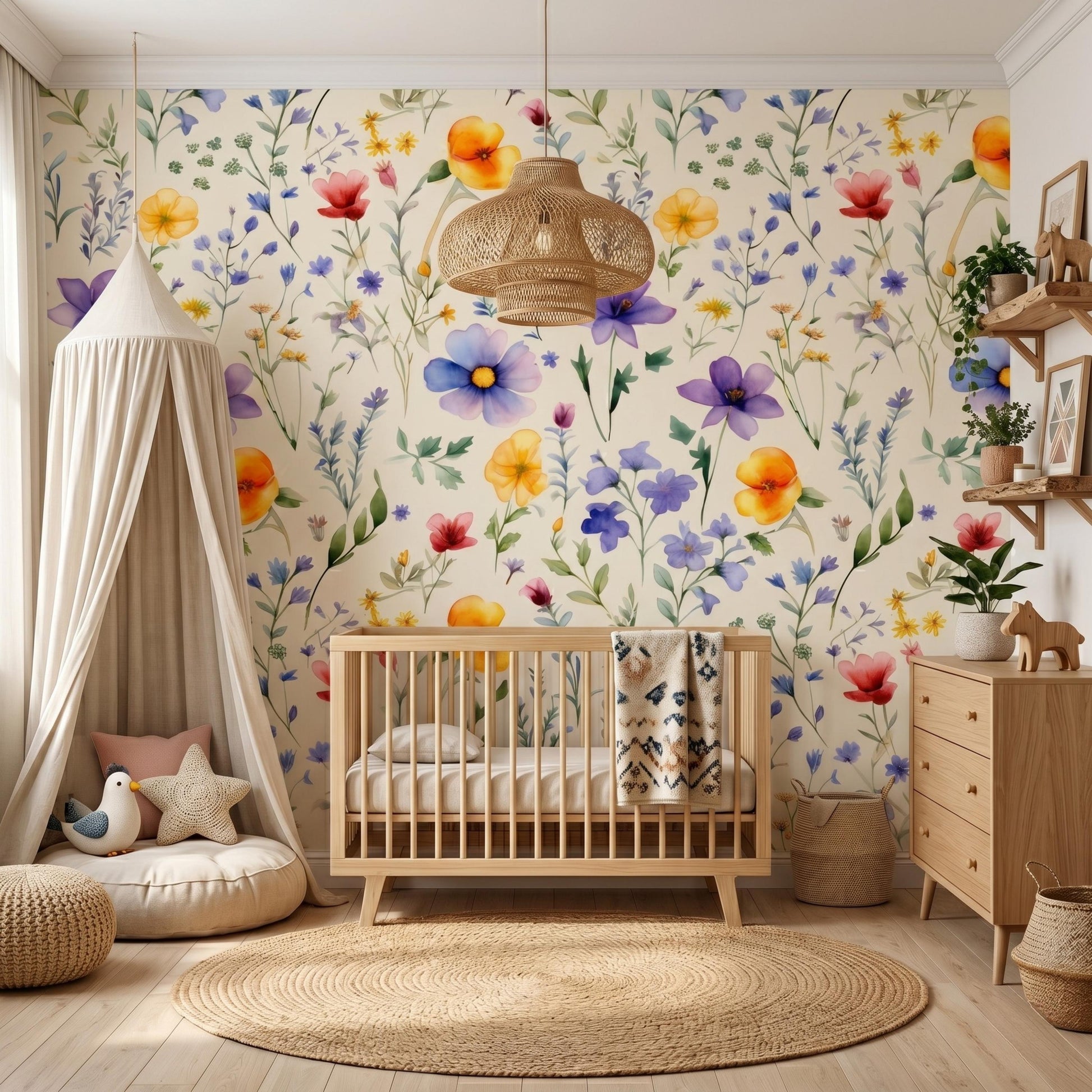 Cream Watercolor Wildflower Nursery Wallpaper, Whimsical Floral Baby Girl Room Decor, Pastel Meadow Peel and Stick Wall Mural-WP0110