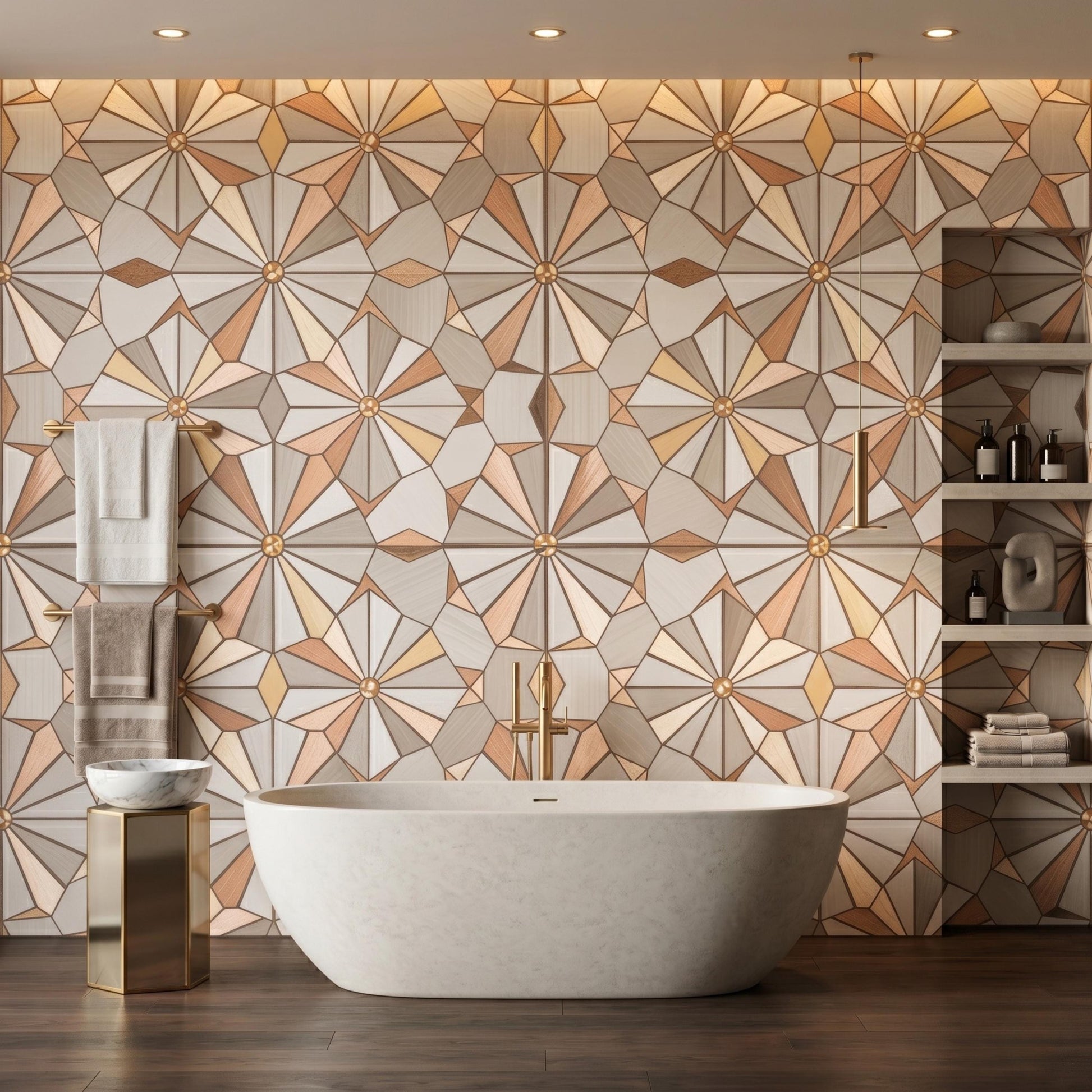 Tan Art Deco Geometric Wood Style Wallpaper, Neutral Mid Century 3D Mural, Earth Tone Peel and Stick Wall Decor for Home Office-WP0111