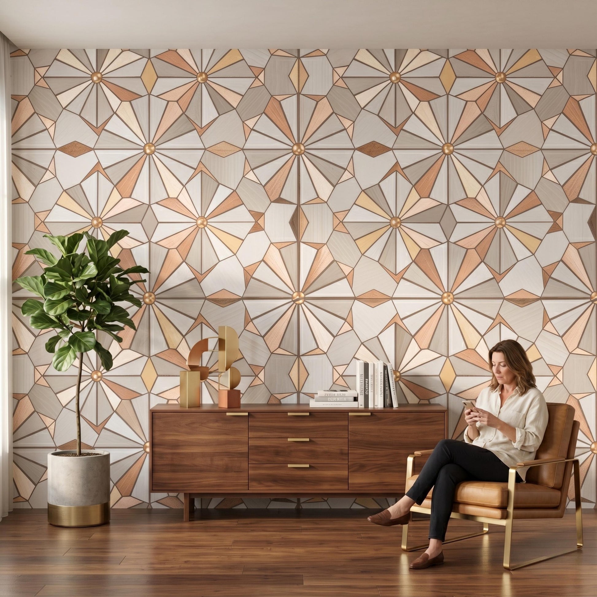 Tan Art Deco Geometric Wood Style Wallpaper, Neutral Mid Century 3D Mural, Earth Tone Peel and Stick Wall Decor for Home Office-WP0111