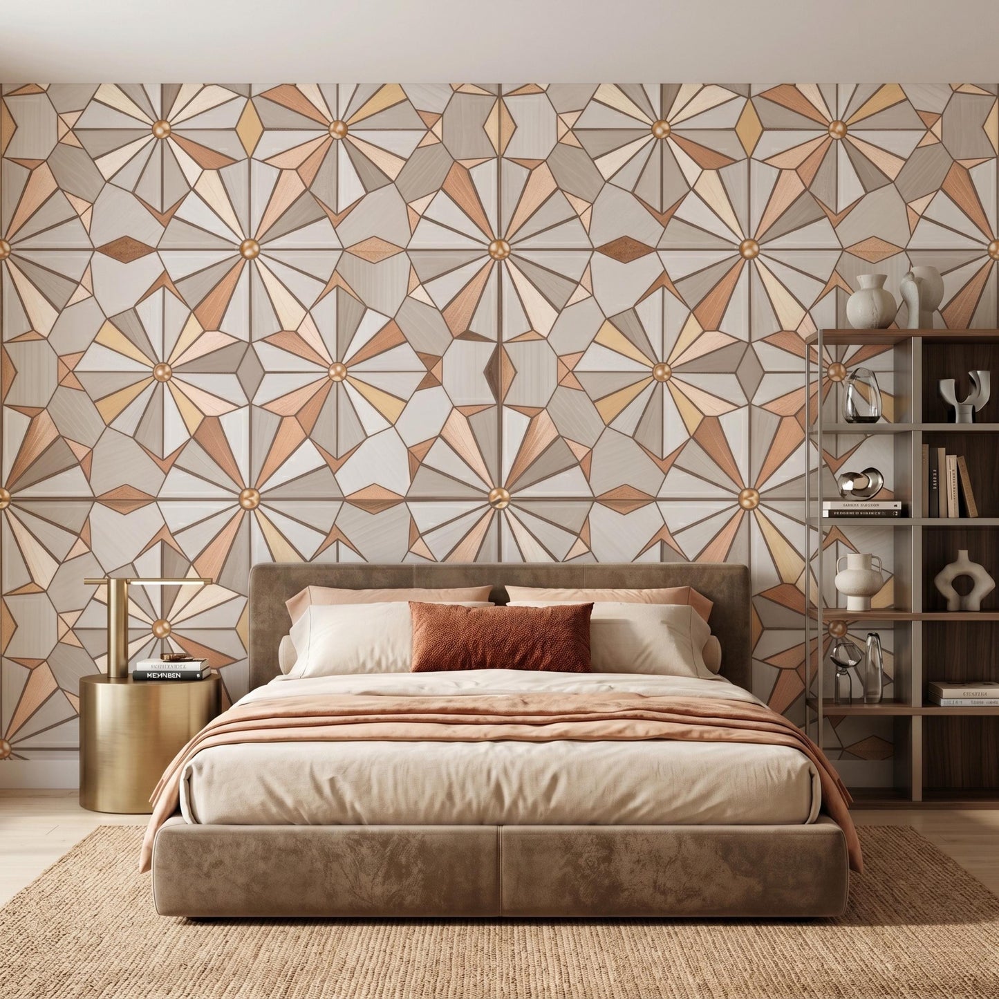 Tan Art Deco Geometric Wood Style Wallpaper, Neutral Mid Century 3D Mural, Earth Tone Peel and Stick Wall Decor for Home Office-WP0111