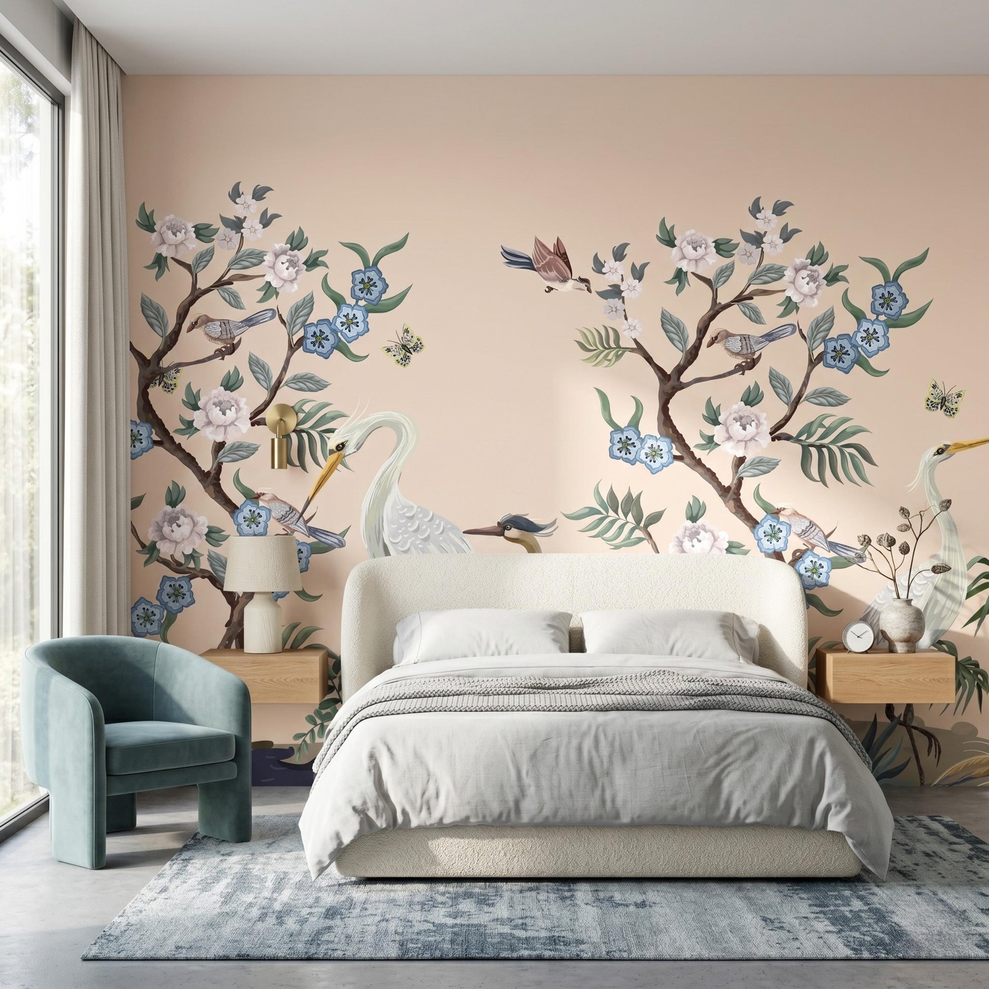 Peach Chinoiserie Heron Floral Wallpaper Mural, Vintage Bird Wall Art Peel and Stick-WP0070