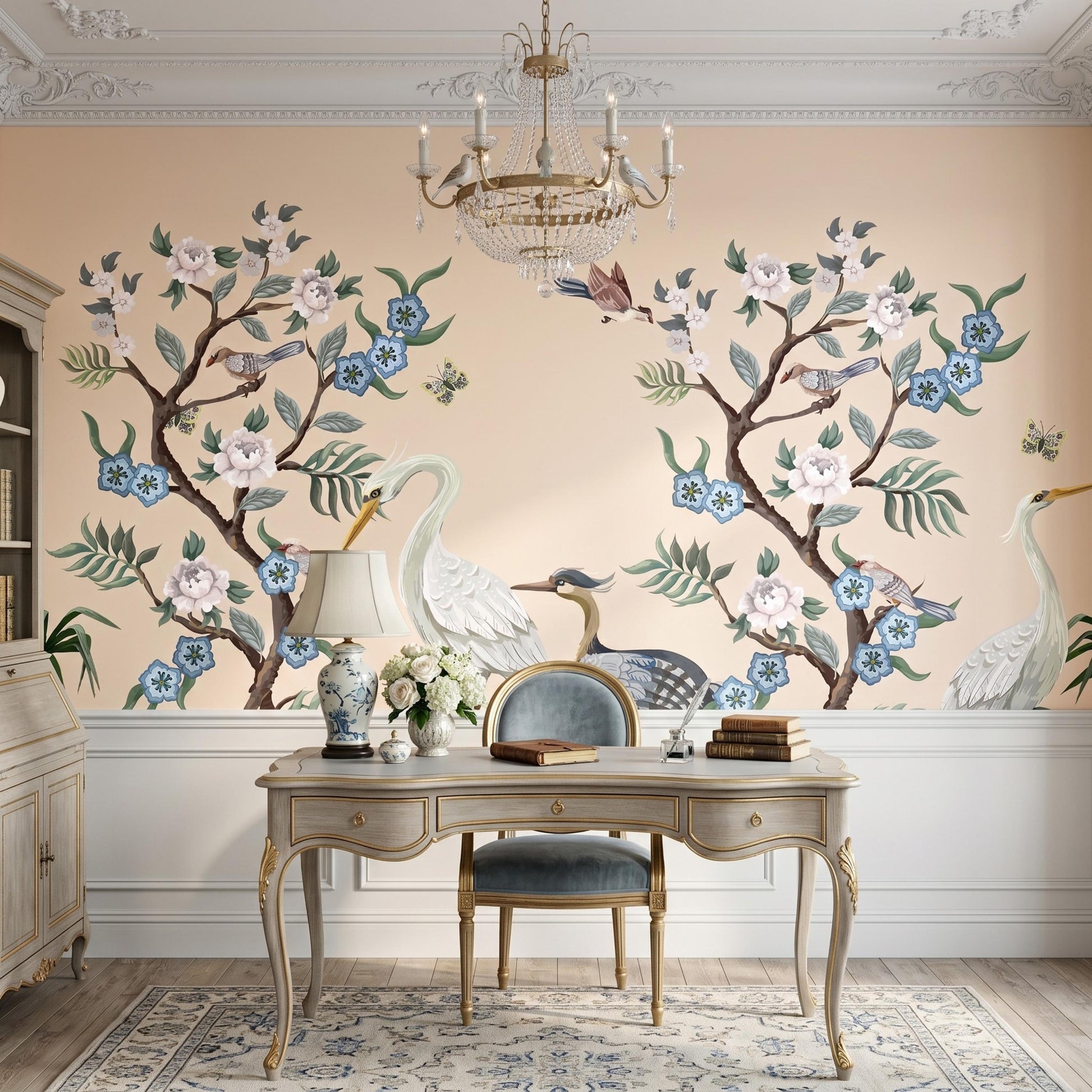 Peach Chinoiserie Heron Floral Wallpaper Mural, Vintage Bird Wall Art Peel and Stick-WP0070