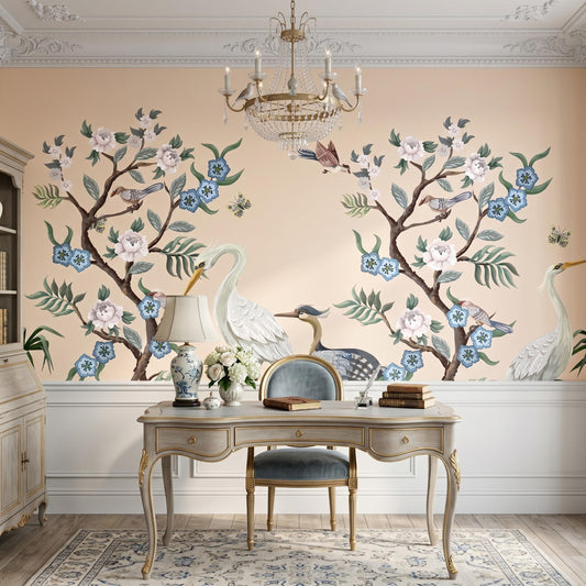 Peach Chinoiserie Heron Floral Wallpaper Mural, Vintage Bird Wall Art Peel and Stick-WP0070