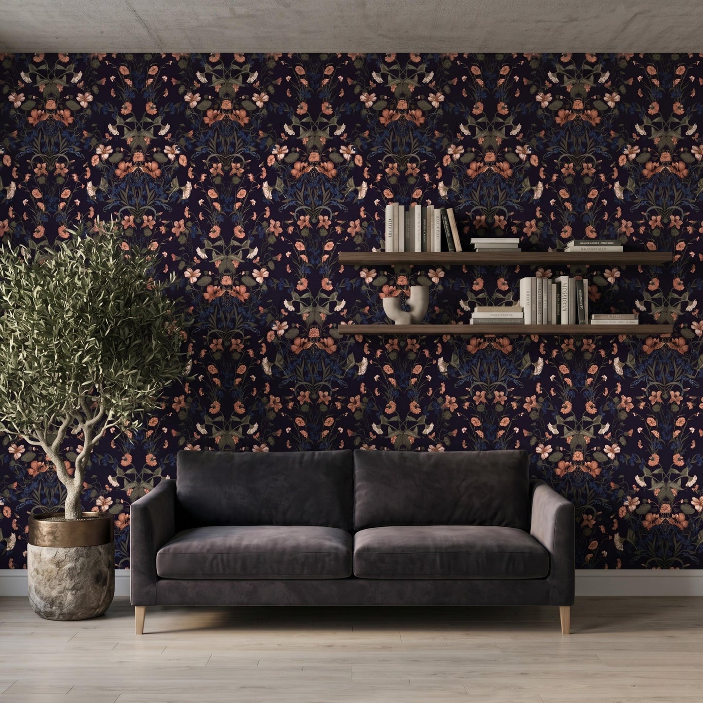 Dark Navy Floral Wallpaper, William Morris Style Botanical Decor, Moody Vintage Peel and Stick-WP0071