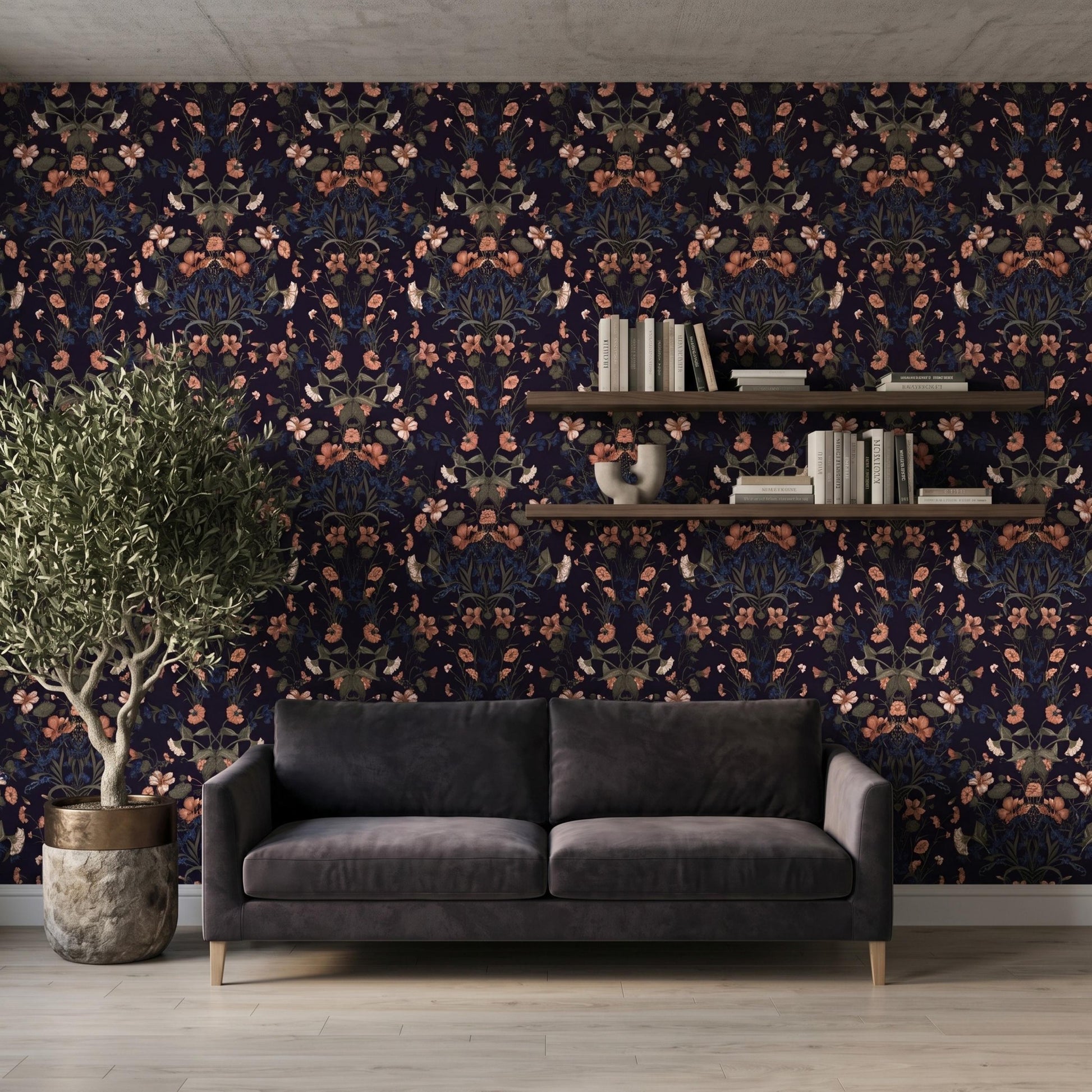 Dark Navy Floral Wallpaper, William Morris Style Botanical Decor, Moody Vintage Peel and Stick-WP0071