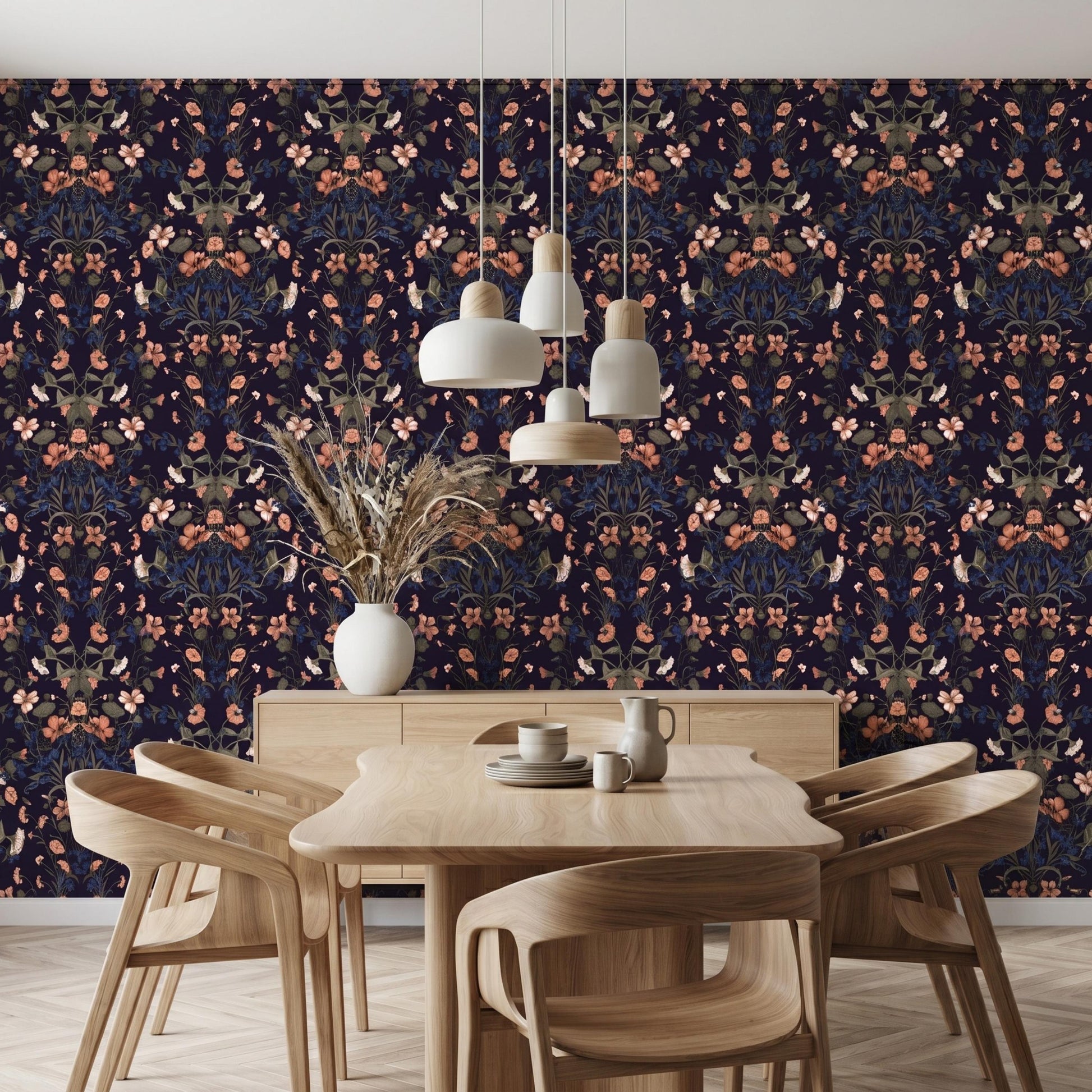 Dark Navy Floral Wallpaper, William Morris Style Botanical Decor, Moody Vintage Peel and Stick-WP0071