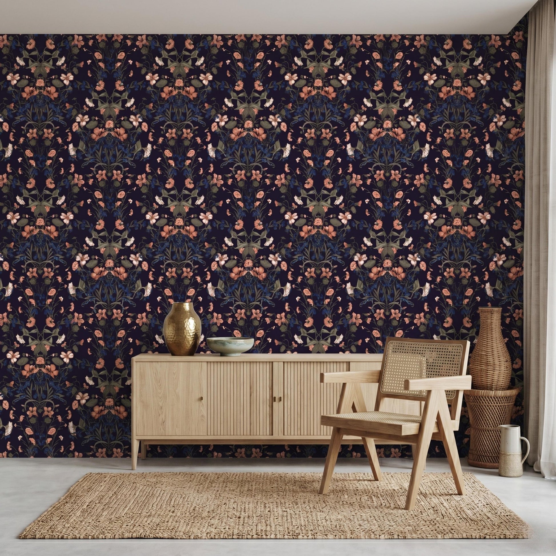 Dark Navy Floral Wallpaper, William Morris Style Botanical Decor, Moody Vintage Peel and Stick-WP0071