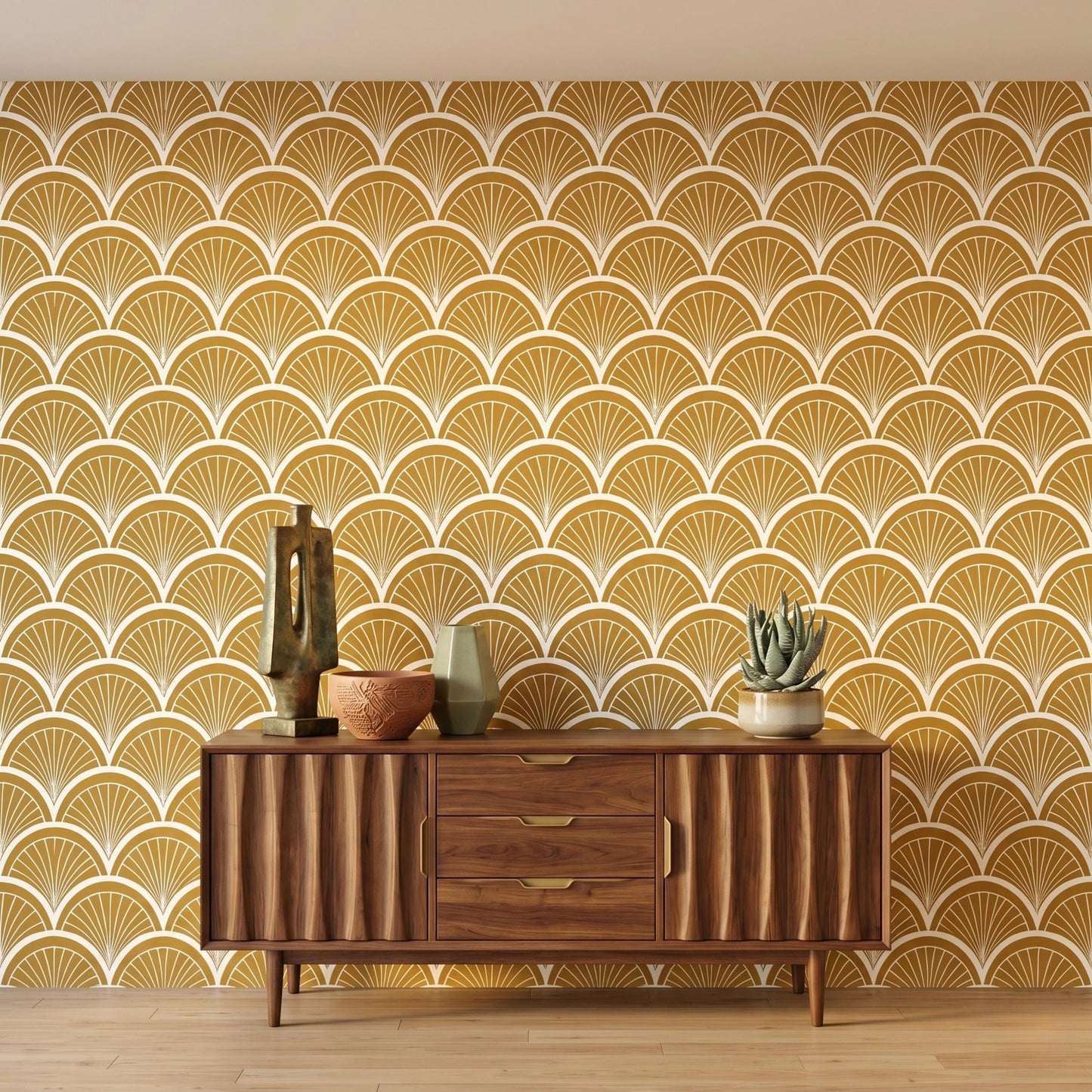 Mustard Yellow Art Deco Wallpaper, Retro Scallop Fan Wall Decor, Mid Century Peel and Stick-WP0072