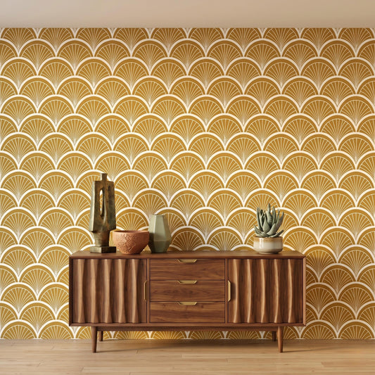 Mustard Yellow Art Deco Wallpaper, Retro Scallop Fan Wall Decor, Mid Century Peel and Stick-WP0072