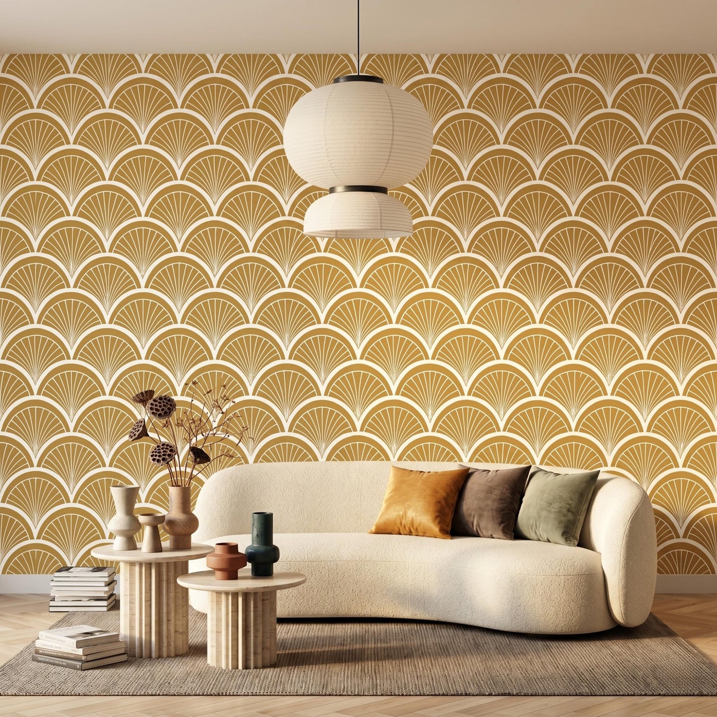 Mustard Yellow Art Deco Wallpaper, Retro Scallop Fan Wall Decor, Mid Century Peel and Stick-WP0072