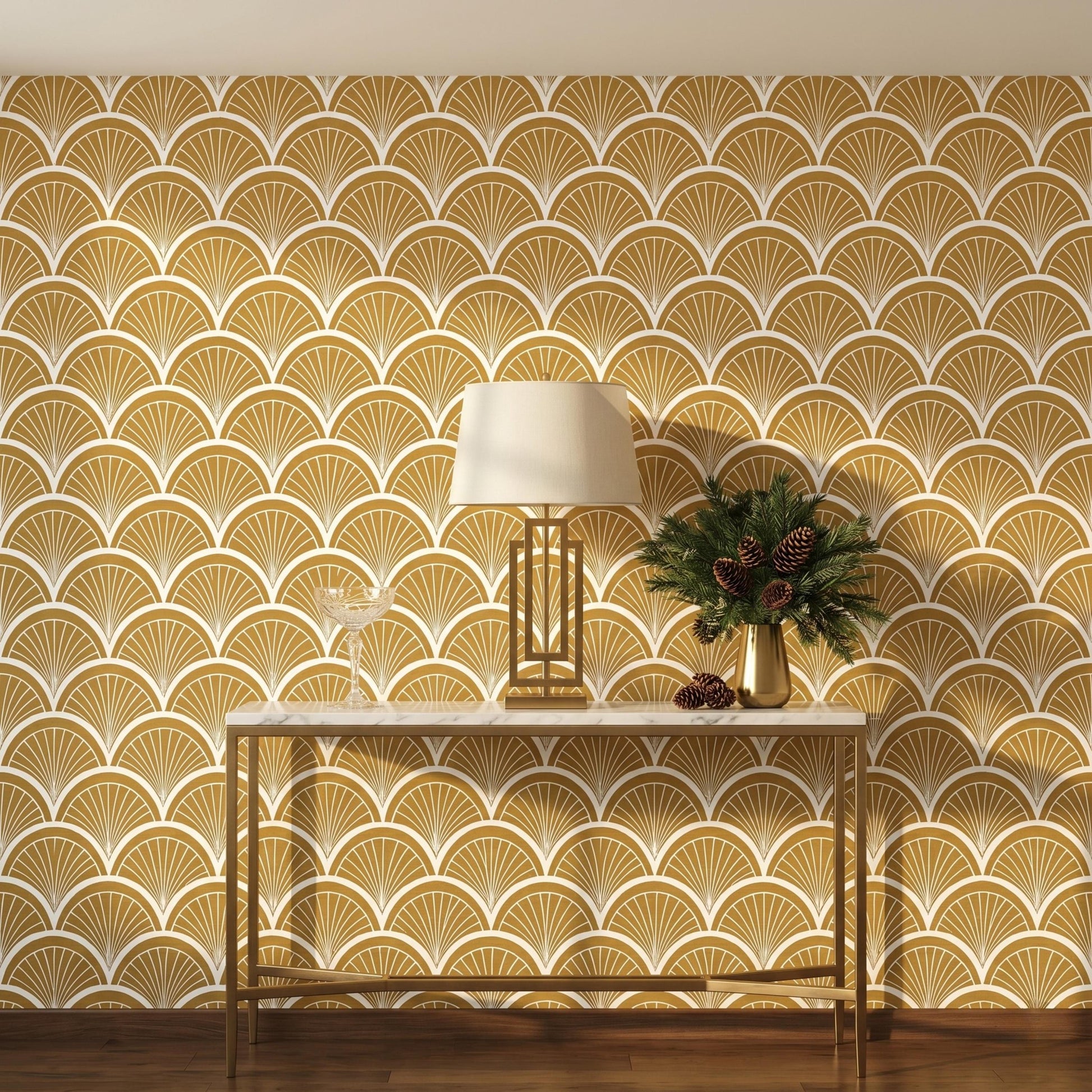 Mustard Yellow Art Deco Wallpaper, Retro Scallop Fan Wall Decor, Mid Century Peel and Stick-WP0072