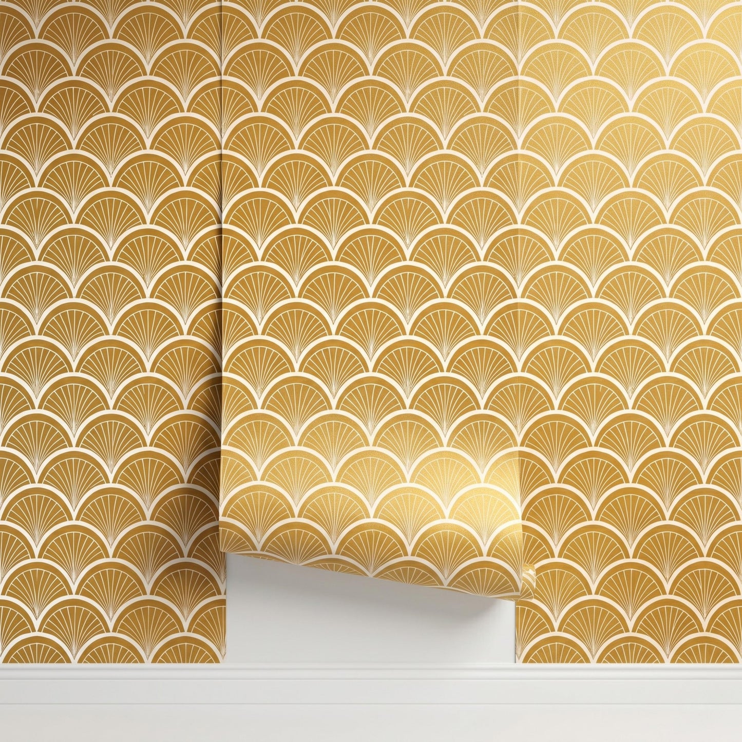 Mustard Yellow Art Deco Wallpaper, Retro Scallop Fan Wall Decor, Mid Century Peel and Stick-WP0072