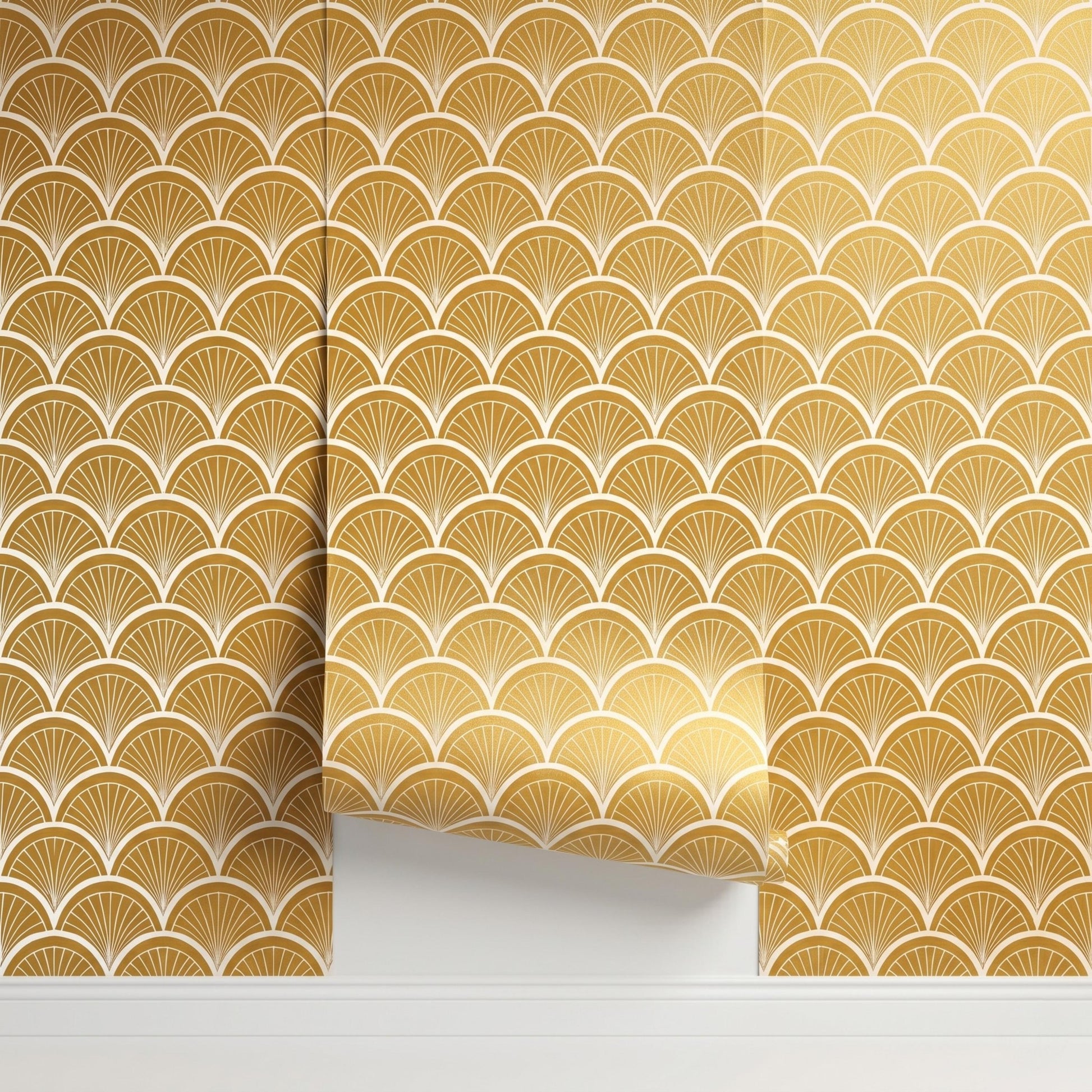 Mustard Yellow Art Deco Wallpaper, Retro Scallop Fan Wall Decor, Mid Century Peel and Stick-WP0072
