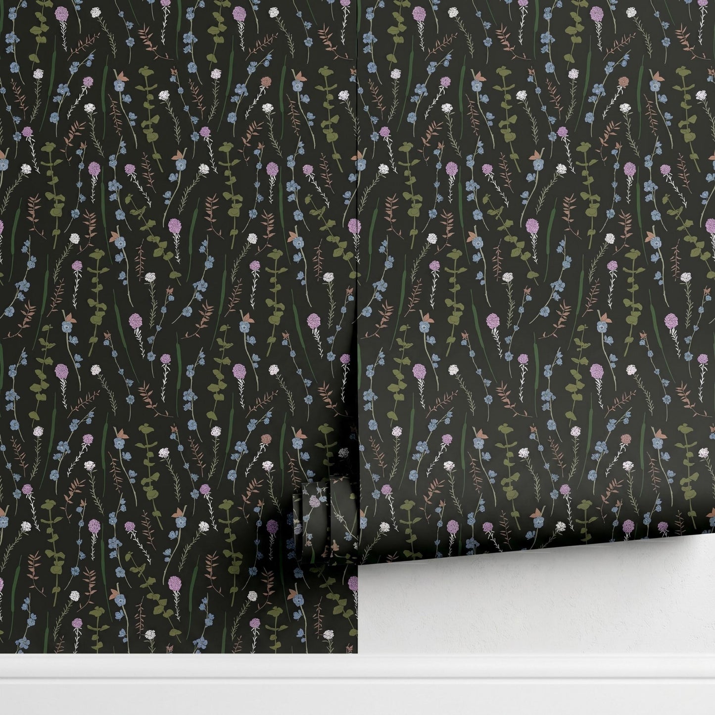 Dark Green Wildflower Wallpaper, Moody Cottagecore Botanical Wall Decor, Vintage Floral Mural-WP0073