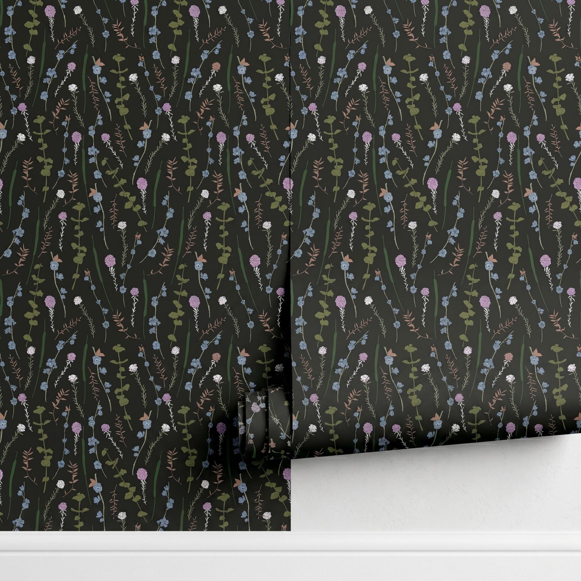 Dark Green Wildflower Wallpaper, Moody Cottagecore Botanical Wall Decor, Vintage Floral Mural-WP0073
