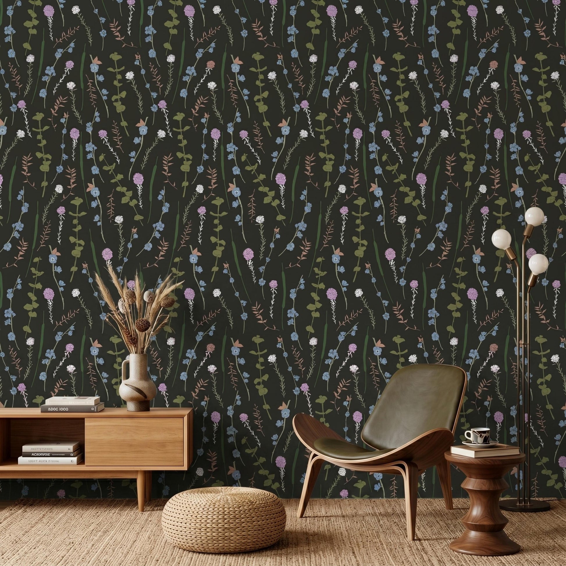 Dark Green Wildflower Wallpaper, Moody Cottagecore Botanical Wall Decor, Vintage Floral Mural-WP0073