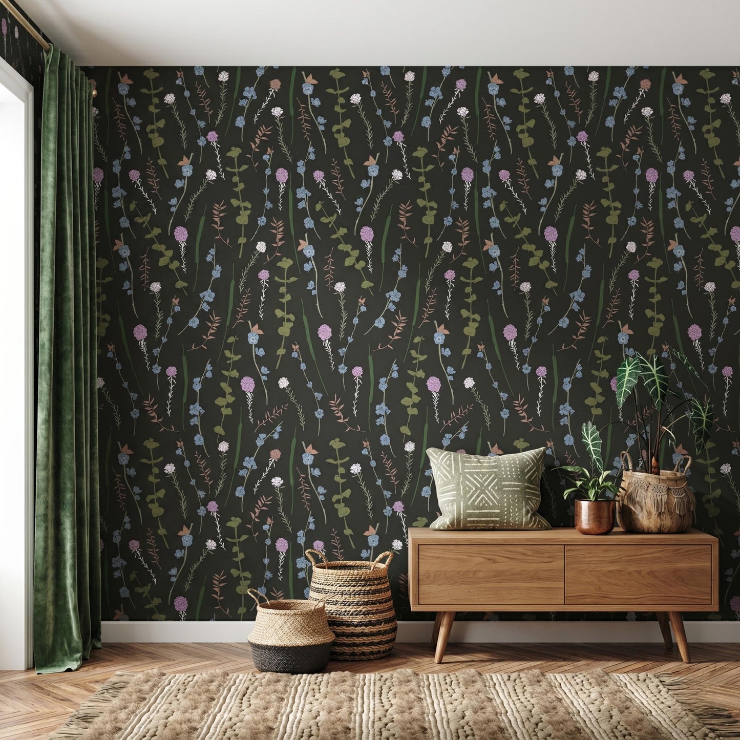 Dark Green Wildflower Wallpaper, Moody Cottagecore Botanical Wall Decor, Vintage Floral Mural-WP0073