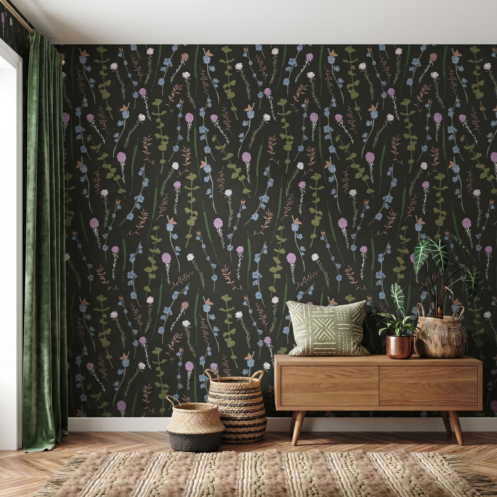 Dark Green Wildflower Wallpaper, Moody Cottagecore Botanical Wall Decor, Vintage Floral Mural-WP0073