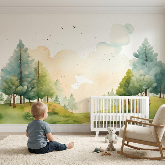 Watercolor Forest Wall Mural | Woodland Nursery Wallpaper | Soft Green Tree Landscape | Whimsical Kids Room Decor | Nature Theme-WP0112