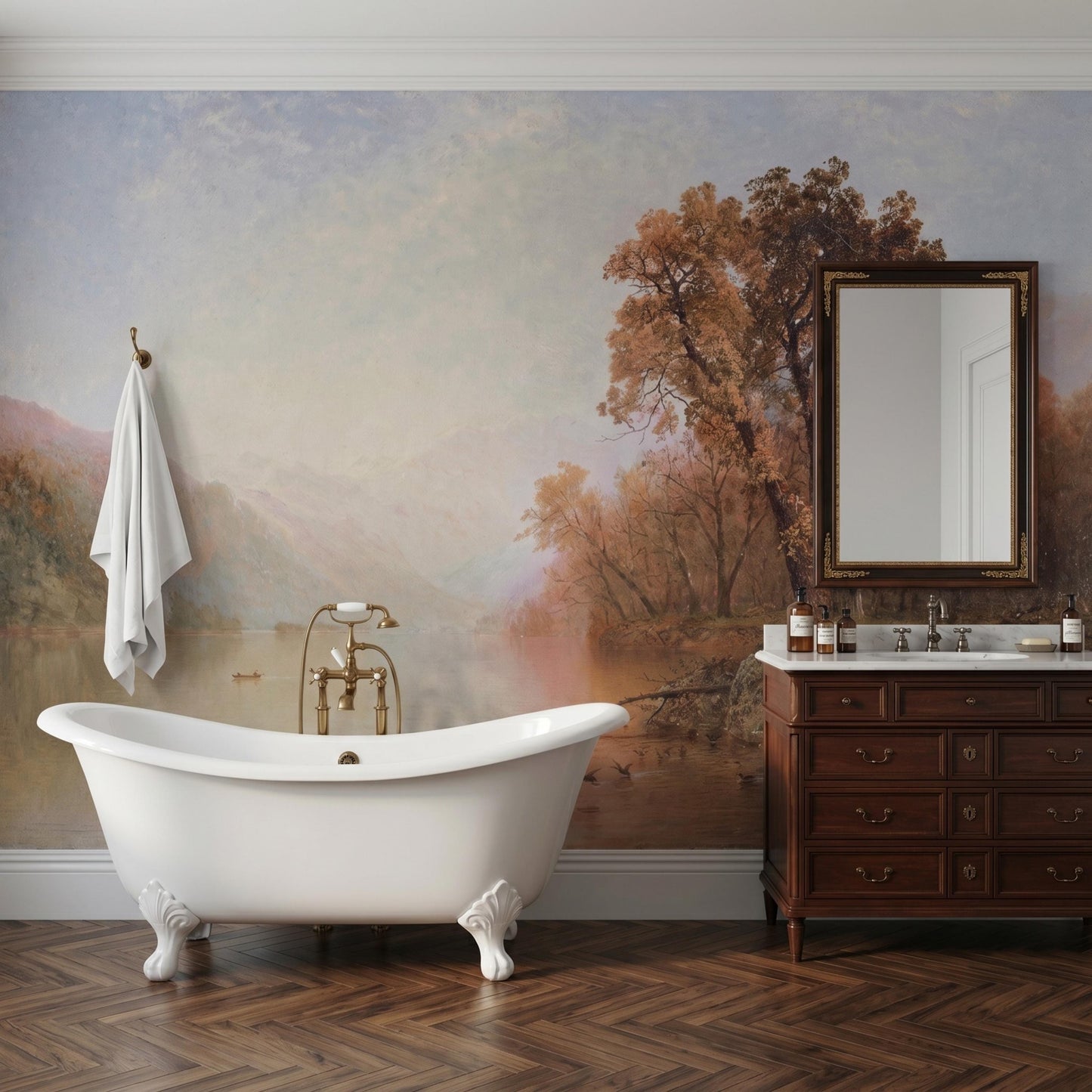 Warm Brown Landscape Wallpaper, Vintage Mountain Lake Wall Mural, Dark Academia Decor-WP0074