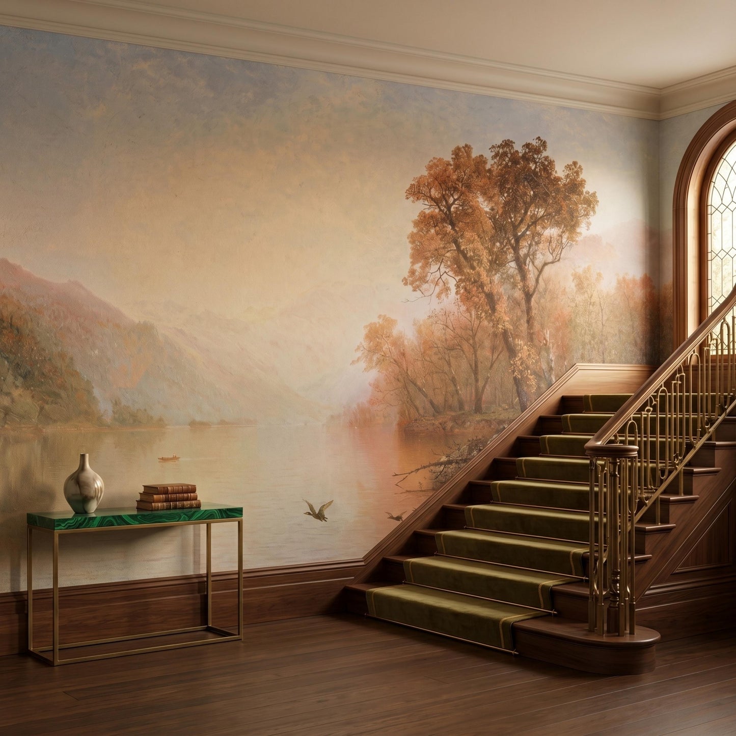 Warm Brown Landscape Wallpaper, Vintage Mountain Lake Wall Mural, Dark Academia Decor-WP0074