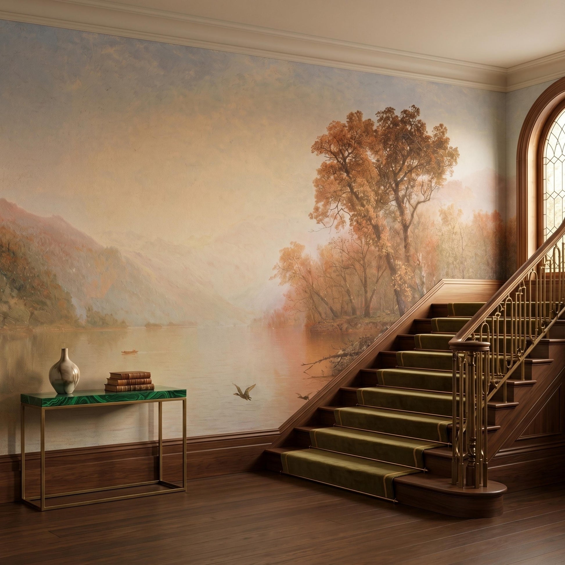Warm Brown Landscape Wallpaper, Vintage Mountain Lake Wall Mural, Dark Academia Decor-WP0074