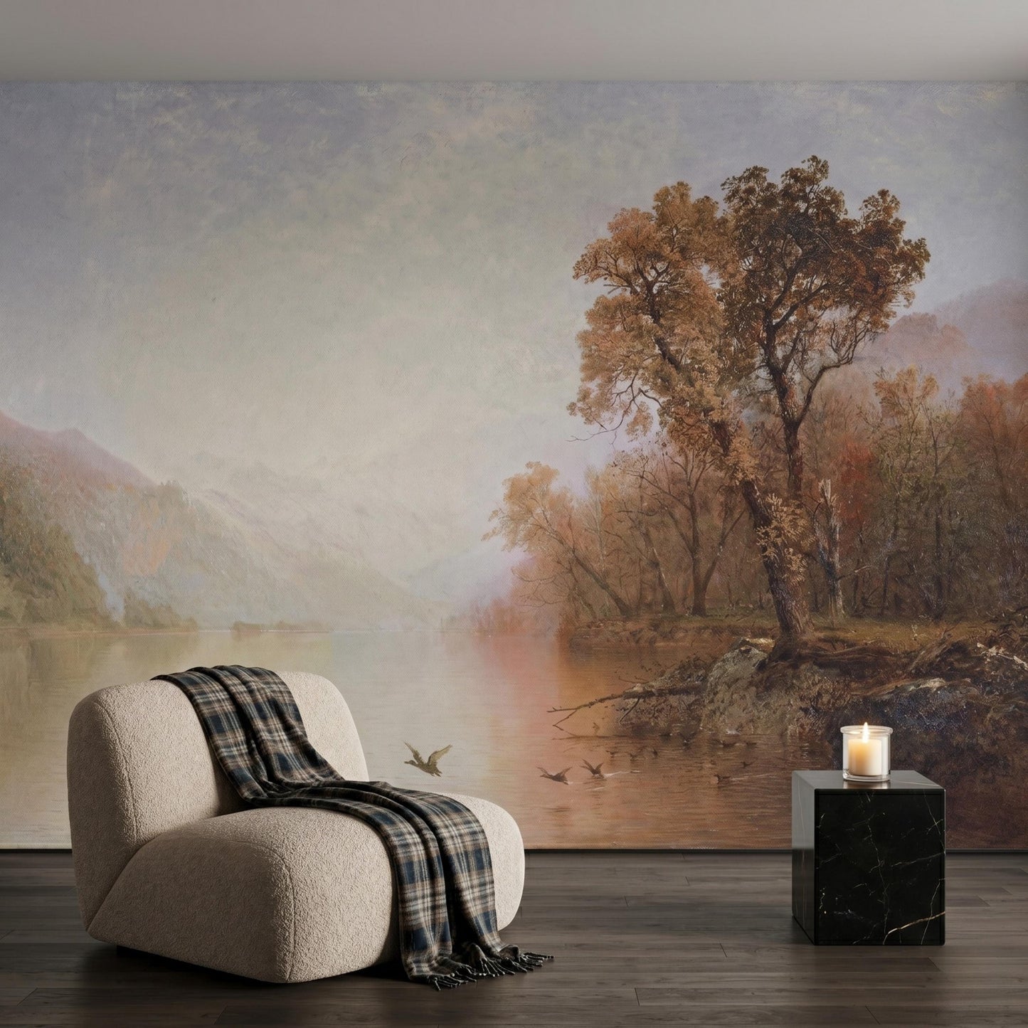 Warm Brown Landscape Wallpaper, Vintage Mountain Lake Wall Mural, Dark Academia Decor-WP0074