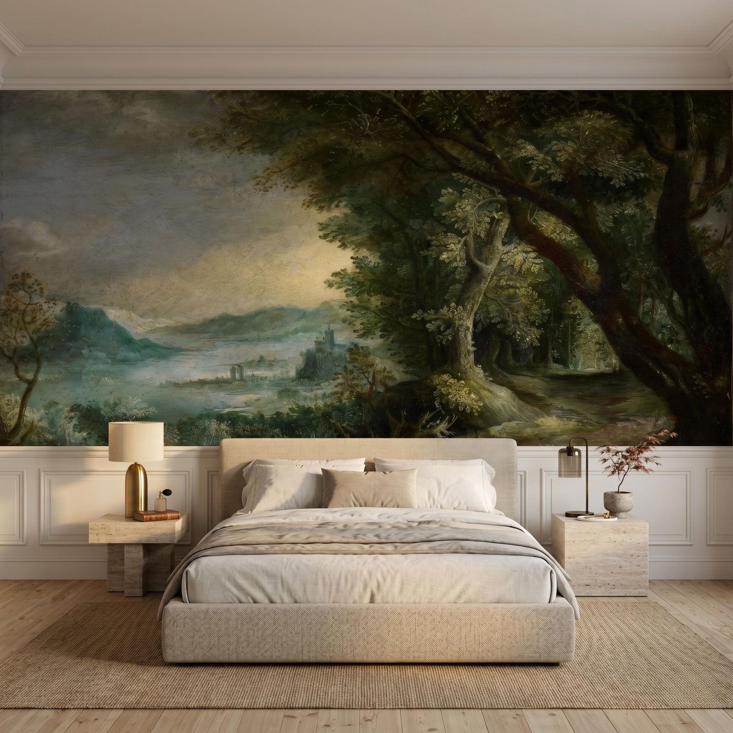 Dark Green Oil Painting Landscape Mural, Moody Forest Scene, Dark Academia Wall Decor-WP0075