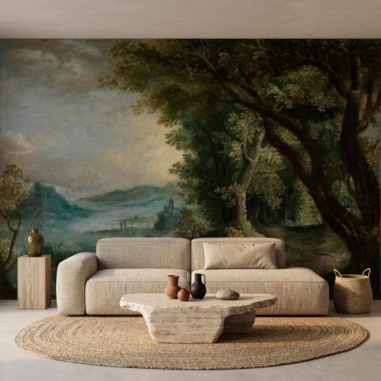 Dark Green Oil Painting Landscape Mural, Moody Forest Scene, Dark Academia Wall Decor-WP0075