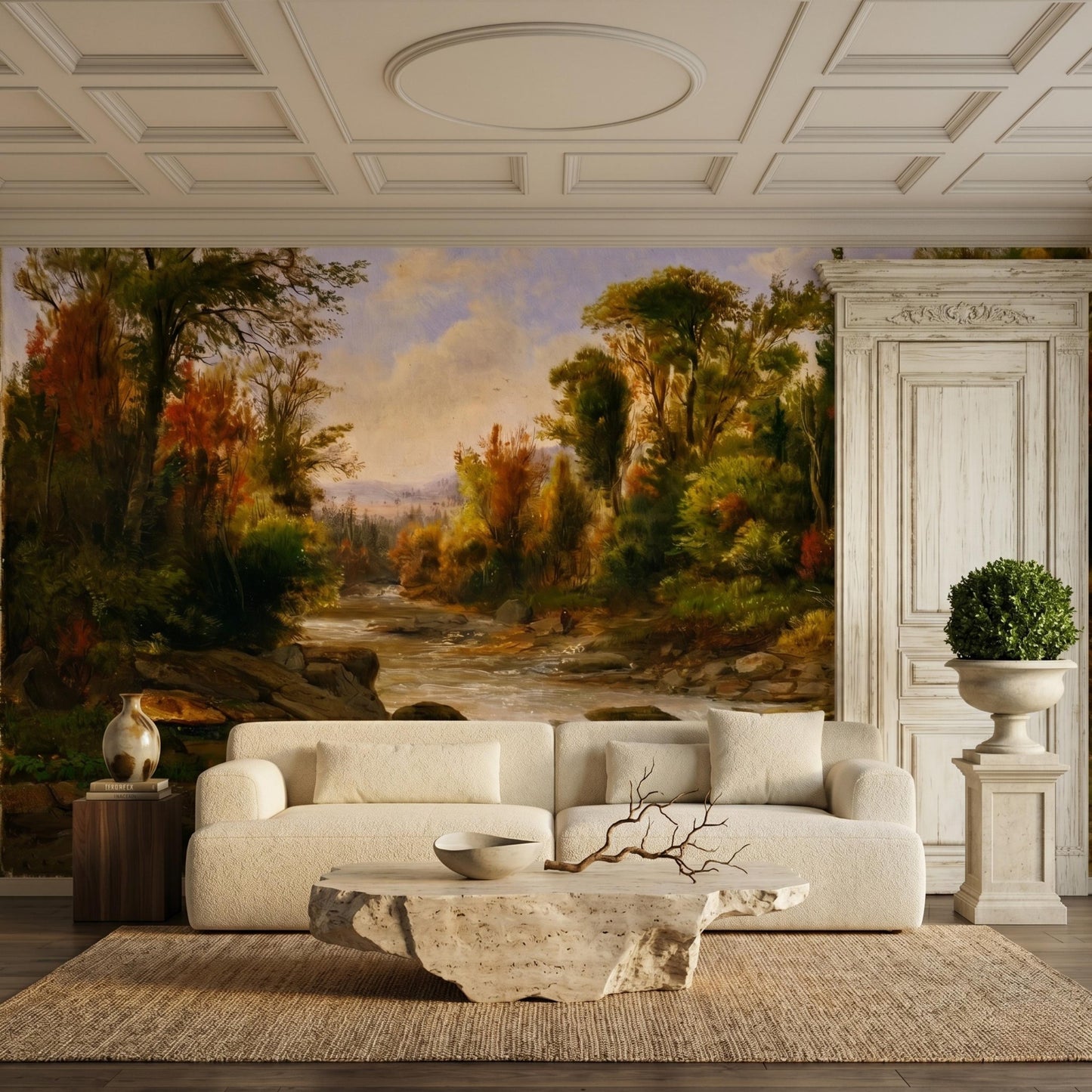 Oil Painting Landscape Mural, Autumn Earth Tones, Classical River Scene Wallpaper-WP0076
