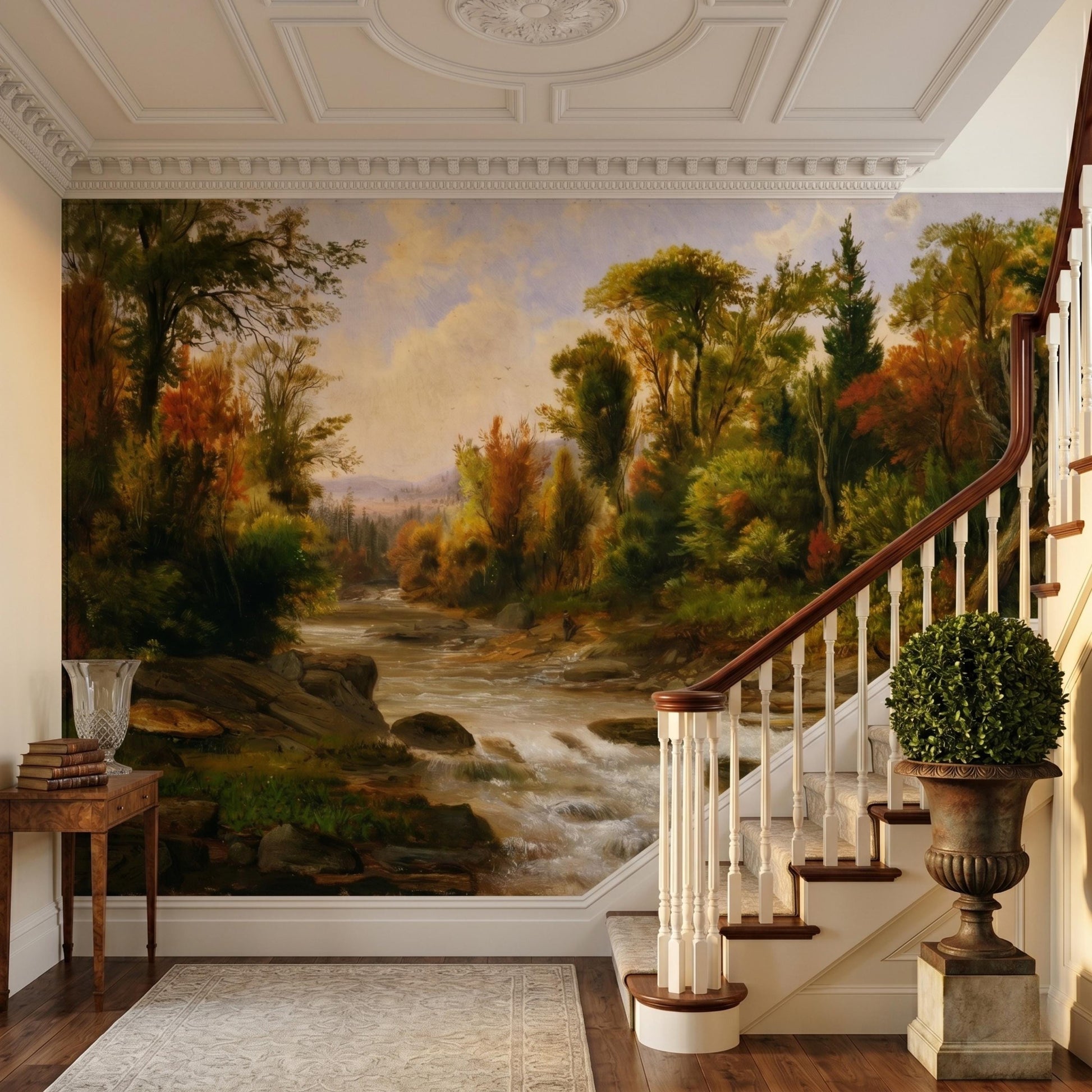 Oil Painting Landscape Mural, Autumn Earth Tones, Classical River Scene Wallpaper-WP0076
