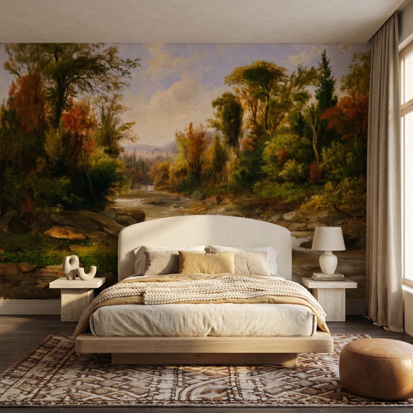Oil Painting Landscape Mural, Autumn Earth Tones, Classical River Scene Wallpaper-WP0076