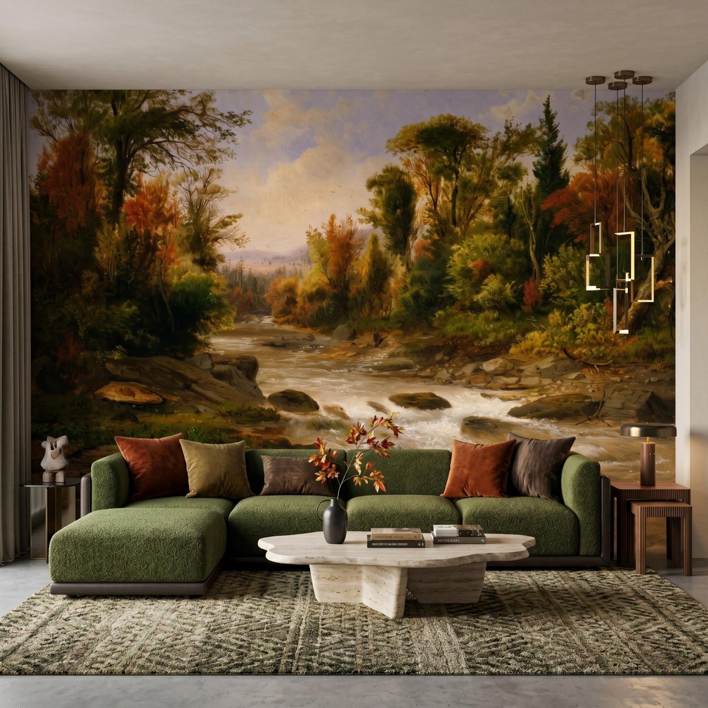 Oil Painting Landscape Mural, Autumn Earth Tones, Classical River Scene Wallpaper-WP0076