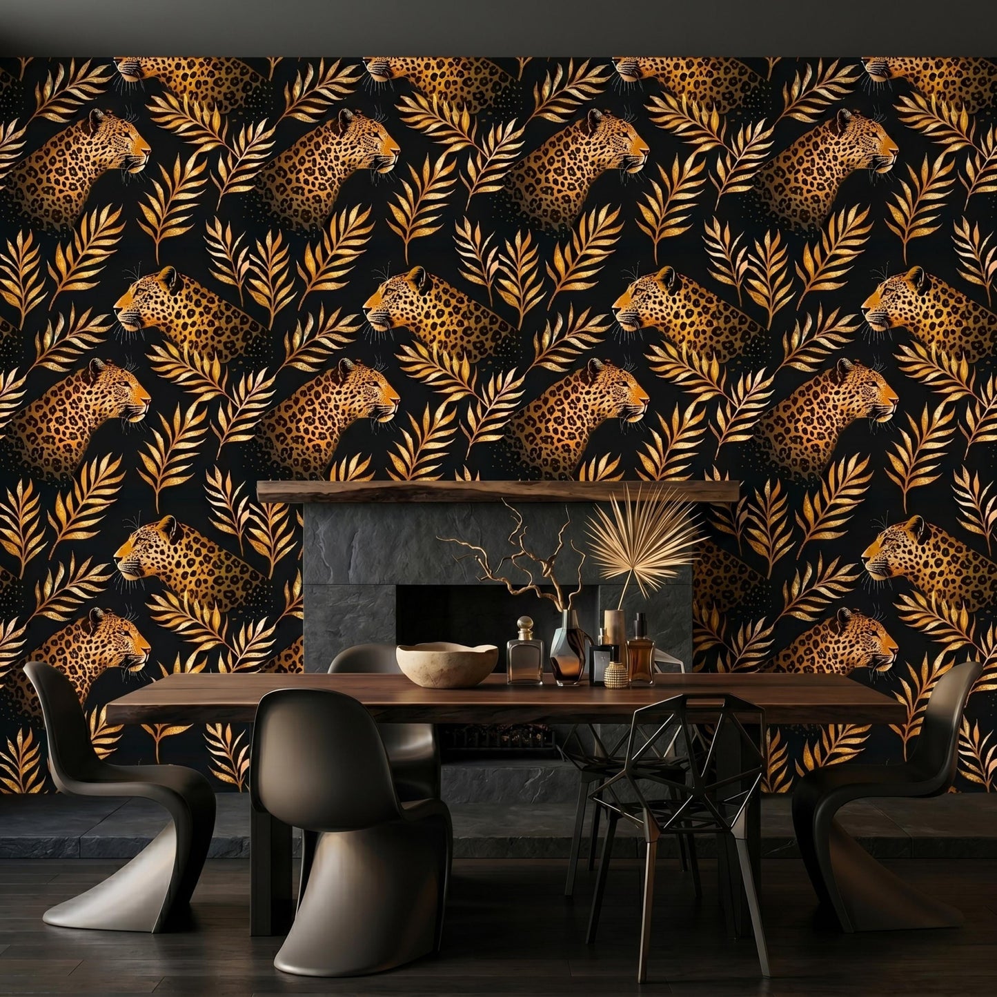 Black and Gold Maximalist Jungle Leopard Print Wallpaper, Safari Nursery Decor, Tropical Palm Leaf Wall Art-WP0077