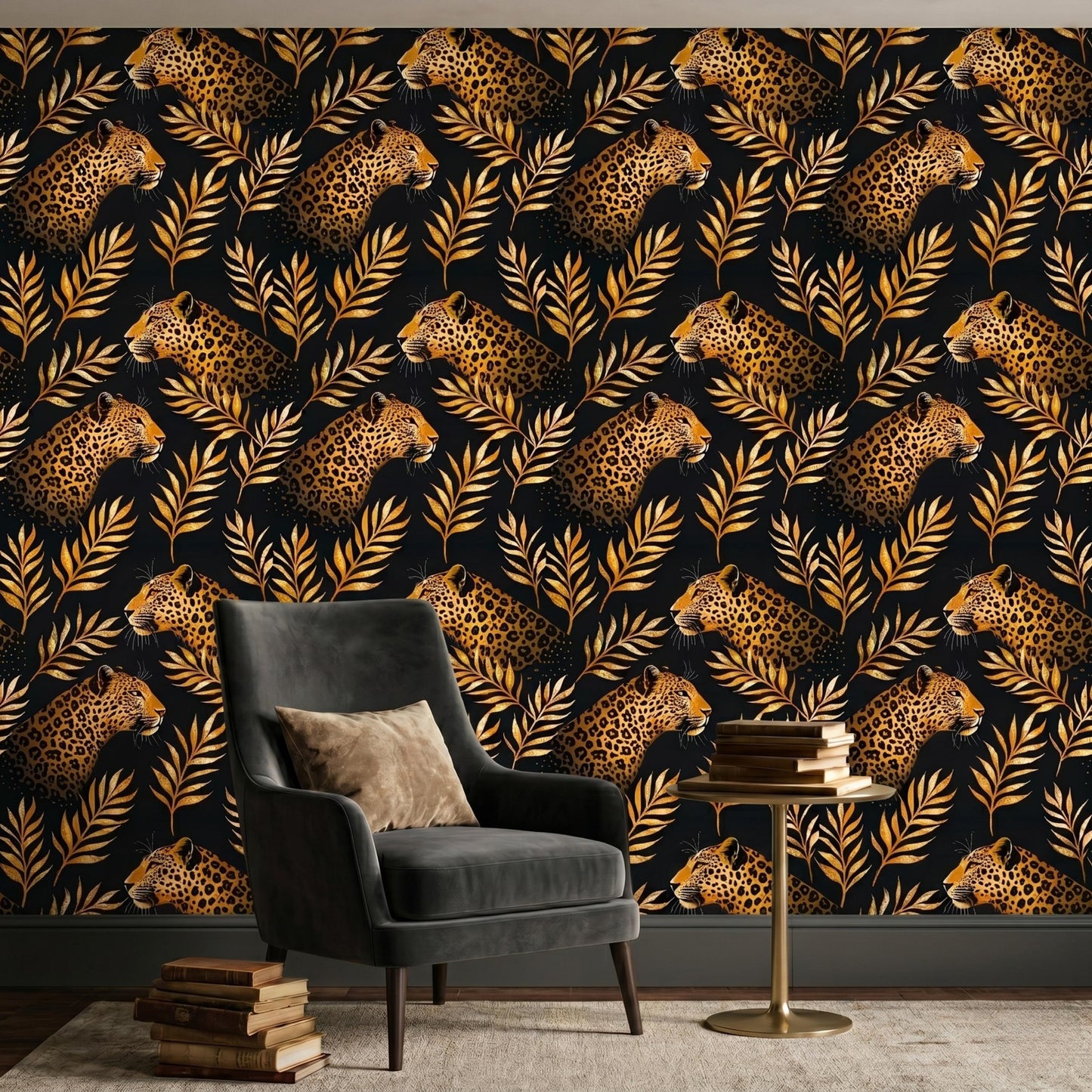 Black and Gold Maximalist Jungle Leopard Print Wallpaper, Safari Nursery Decor, Tropical Palm Leaf Wall Art-WP0077