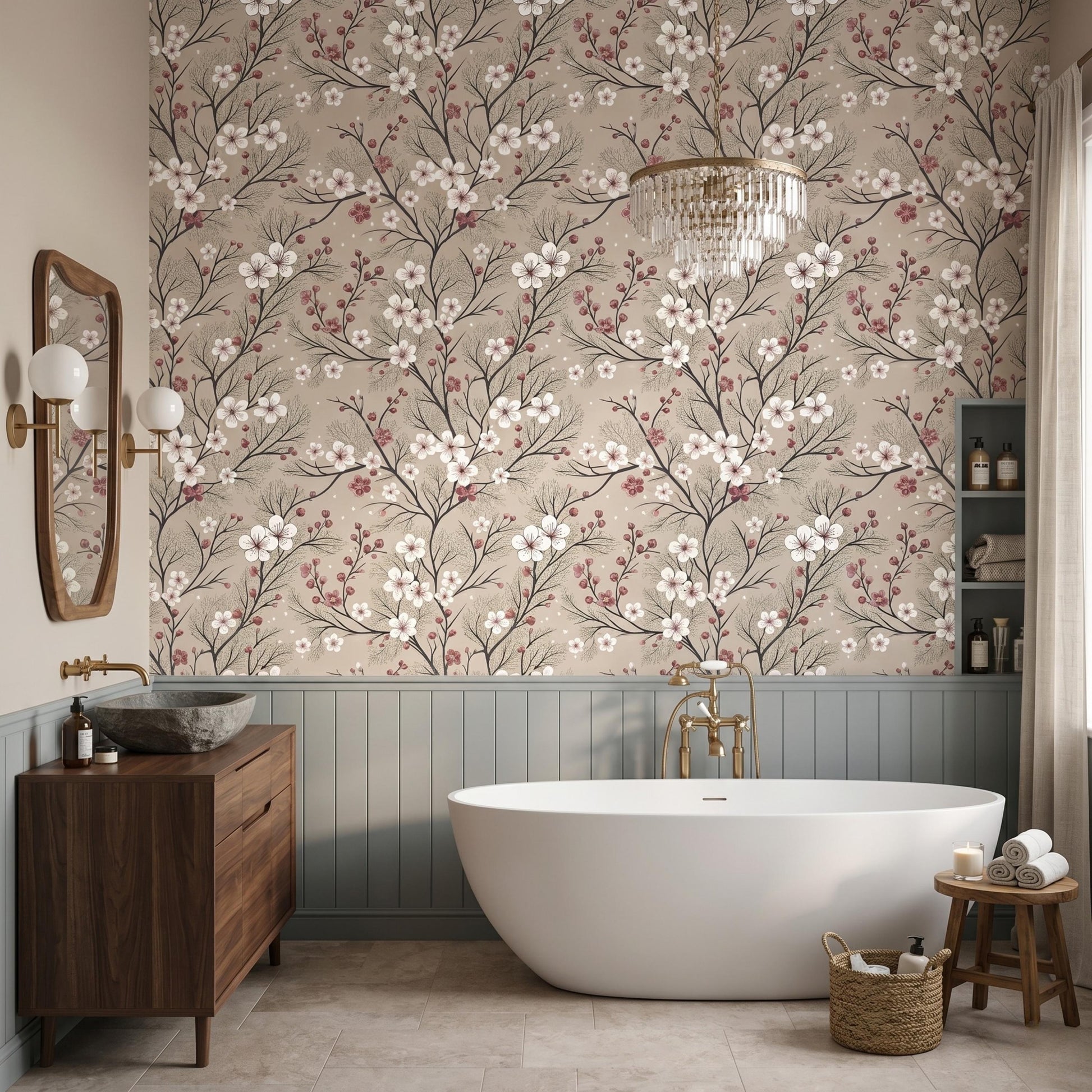 Beige Vintage Floral Cherry Blossom Wallpaper, Romantic Cottagecore Wall Decor, Victorian Botanical Peel and Stick Wall Coveringt-WP0078