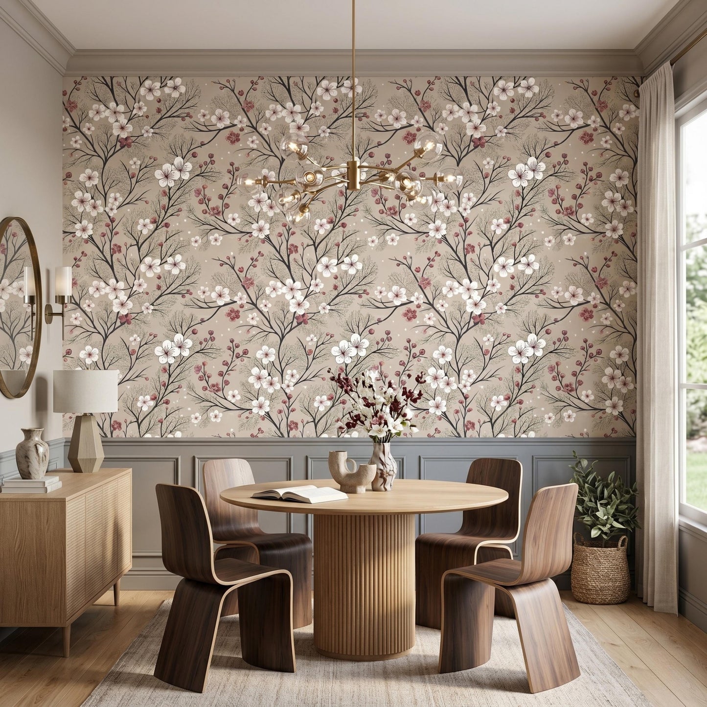 Beige Vintage Floral Cherry Blossom Wallpaper, Romantic Cottagecore Wall Decor, Victorian Botanical Peel and Stick Wall Coveringt-WP0078