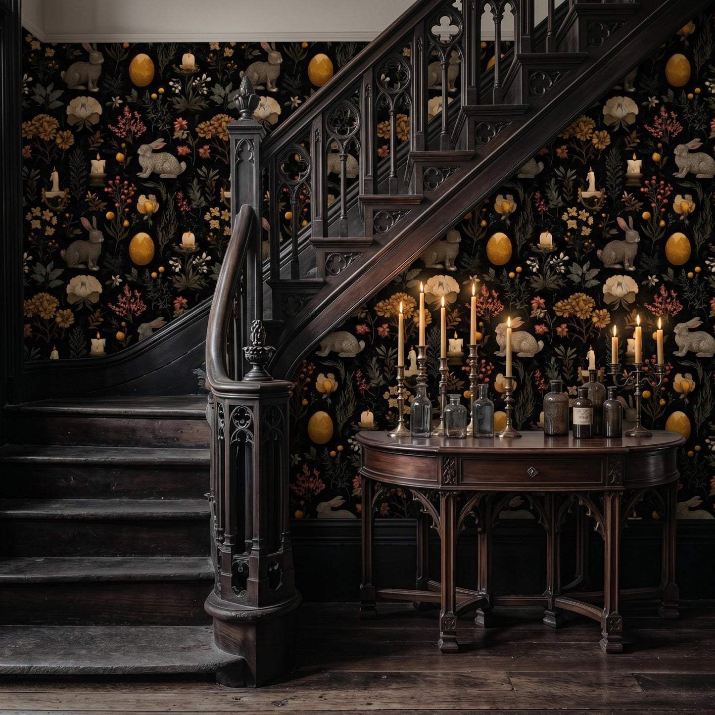 Dark Academia Black and Gold Rabbit Wallpaper, Moody Gothic Botanical Mural, Vintage Victorian Hare, Dark Cottagecore Decor-WP0114