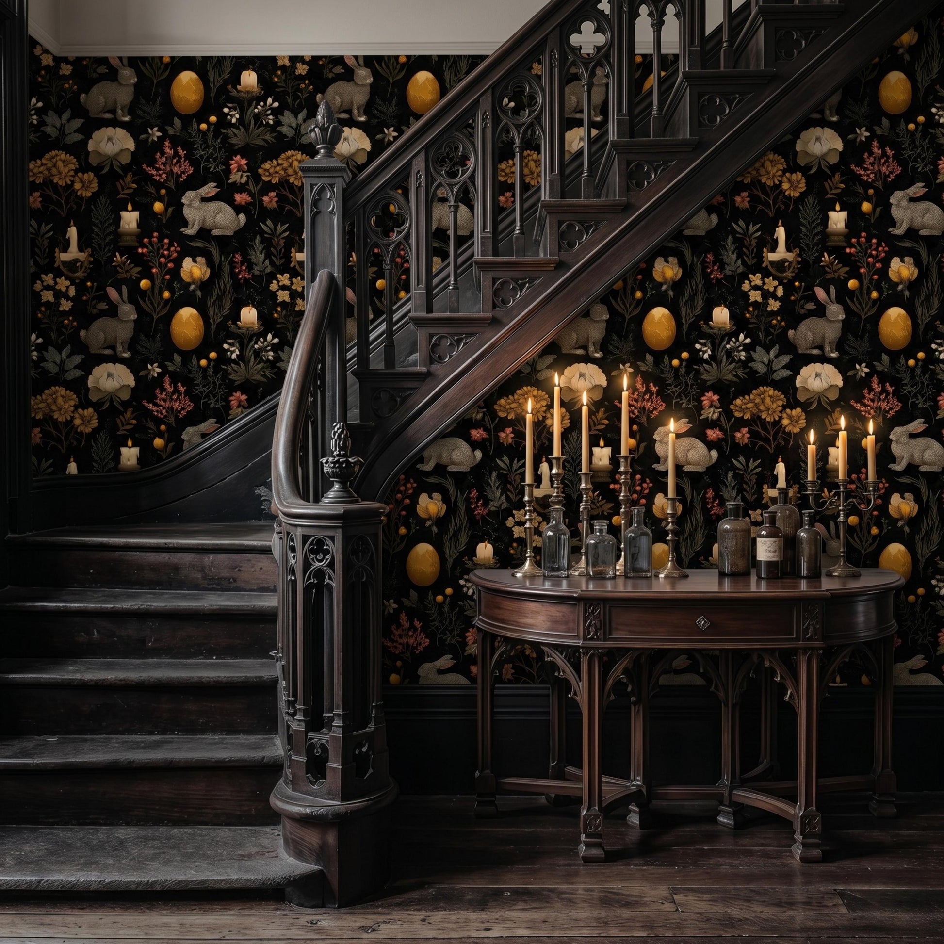 Dark Academia Black and Gold Rabbit Wallpaper, Moody Gothic Botanical Mural, Vintage Victorian Hare, Dark Cottagecore Decor-WP0114