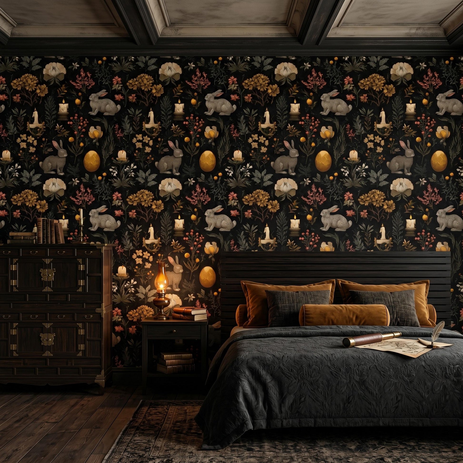 Dark Academia Black and Gold Rabbit Wallpaper, Moody Gothic Botanical Mural, Vintage Victorian Hare, Dark Cottagecore Decor-WP0114