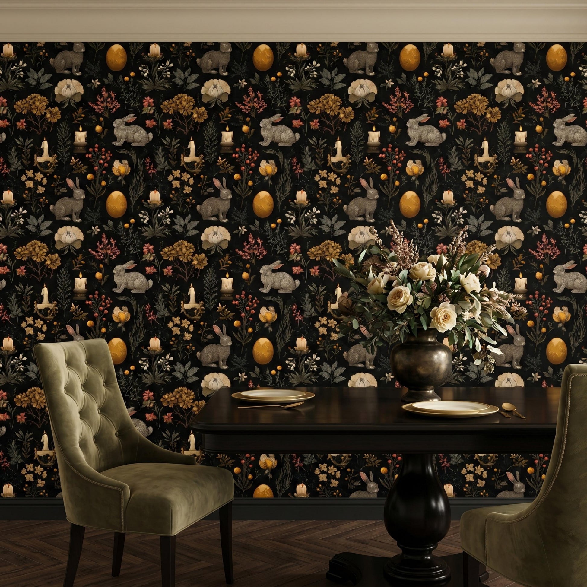 Dark Academia Black and Gold Rabbit Wallpaper, Moody Gothic Botanical Mural, Vintage Victorian Hare, Dark Cottagecore Decor-WP0114