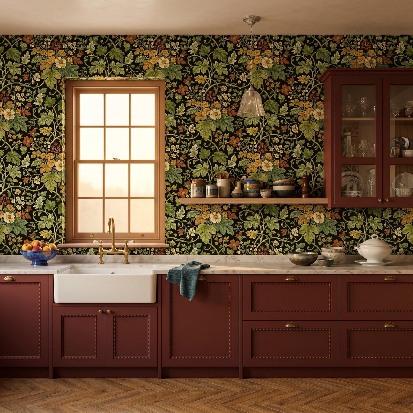 Dark Green William Morris Style Floral Wallpaper, Vintage Botanical Wall Decor, Maximalist Cottagecore Art, Moody Art Nouveau Pattern-WP0080
