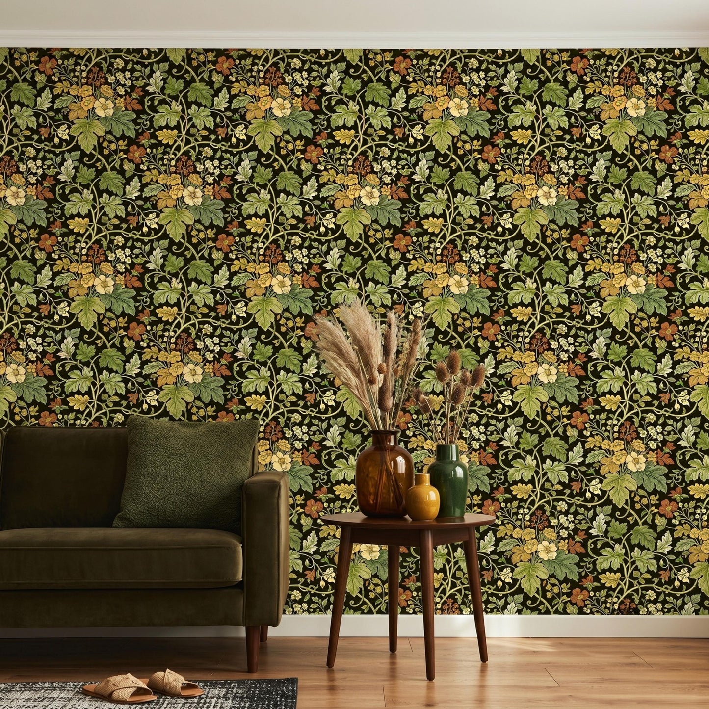 Dark Green William Morris Style Floral Wallpaper, Vintage Botanical Wall Decor, Maximalist Cottagecore Art, Moody Art Nouveau Pattern-WP0080